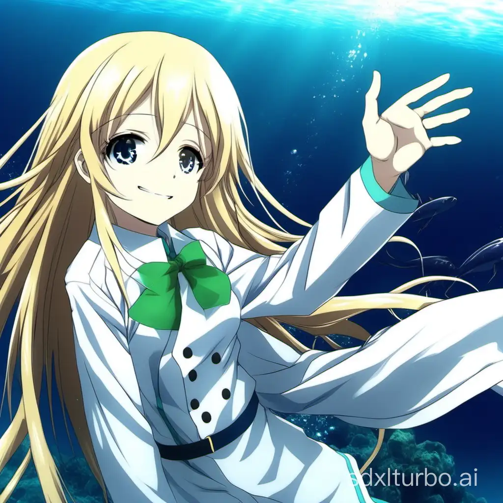 Deep sea, anime, high-definition, long hair, blond hair, smile, reach out, patient clothes