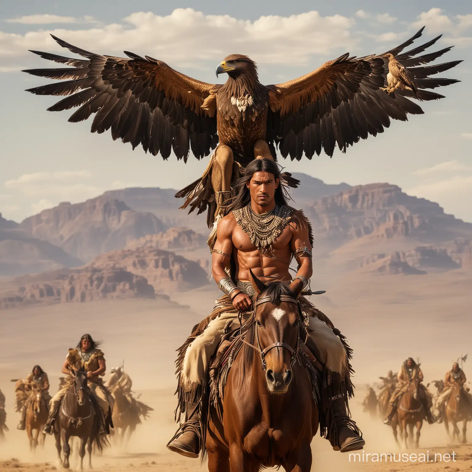 Guerrero apache alto musculoso guapo con alas grandes largas de aguila que le salen de la espalda  ,va a caballo en medio del desierto junto a una gigantesca aguila real y de fondo guerreros apaches y búfalos 