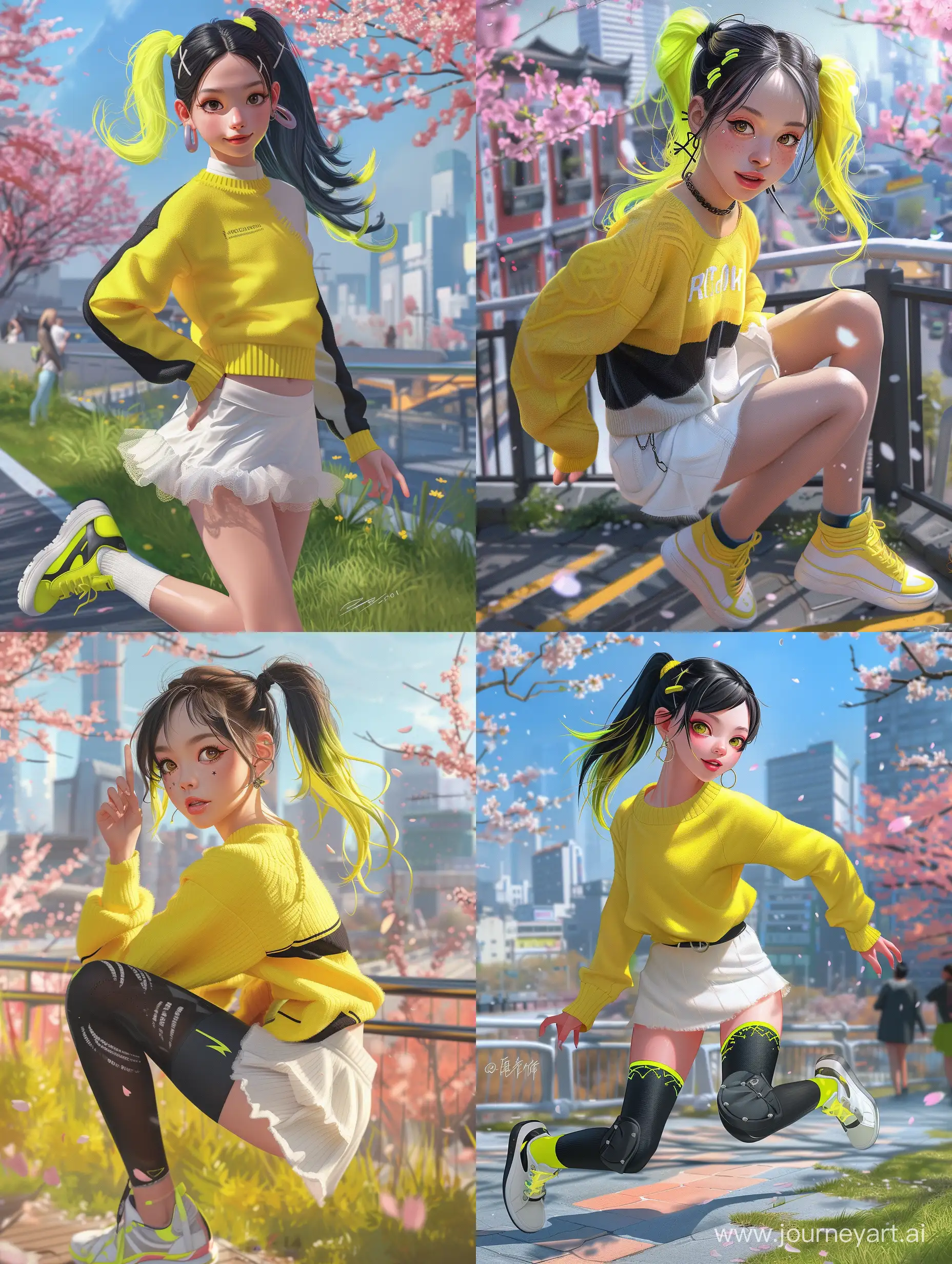 best quality, masterpiece, ultra-detailed, illustration, vibrant colors, cute and lively, 1 girl, young and youthful, solo, Asian background, joyful expression, bright and innocent doe eyes, side ponytail, neon yellow and black two-toned hair, trendy fashion style, yellow sweater and white skirt, comfortable sneakers, dynamic pose, lively movement, natural lighting, sunny outdoor setting, blooming cherry blossom trees, bustling cityscape in the background, happy and carefree atmosphere --v 6 --ar 3:4 --no 81238