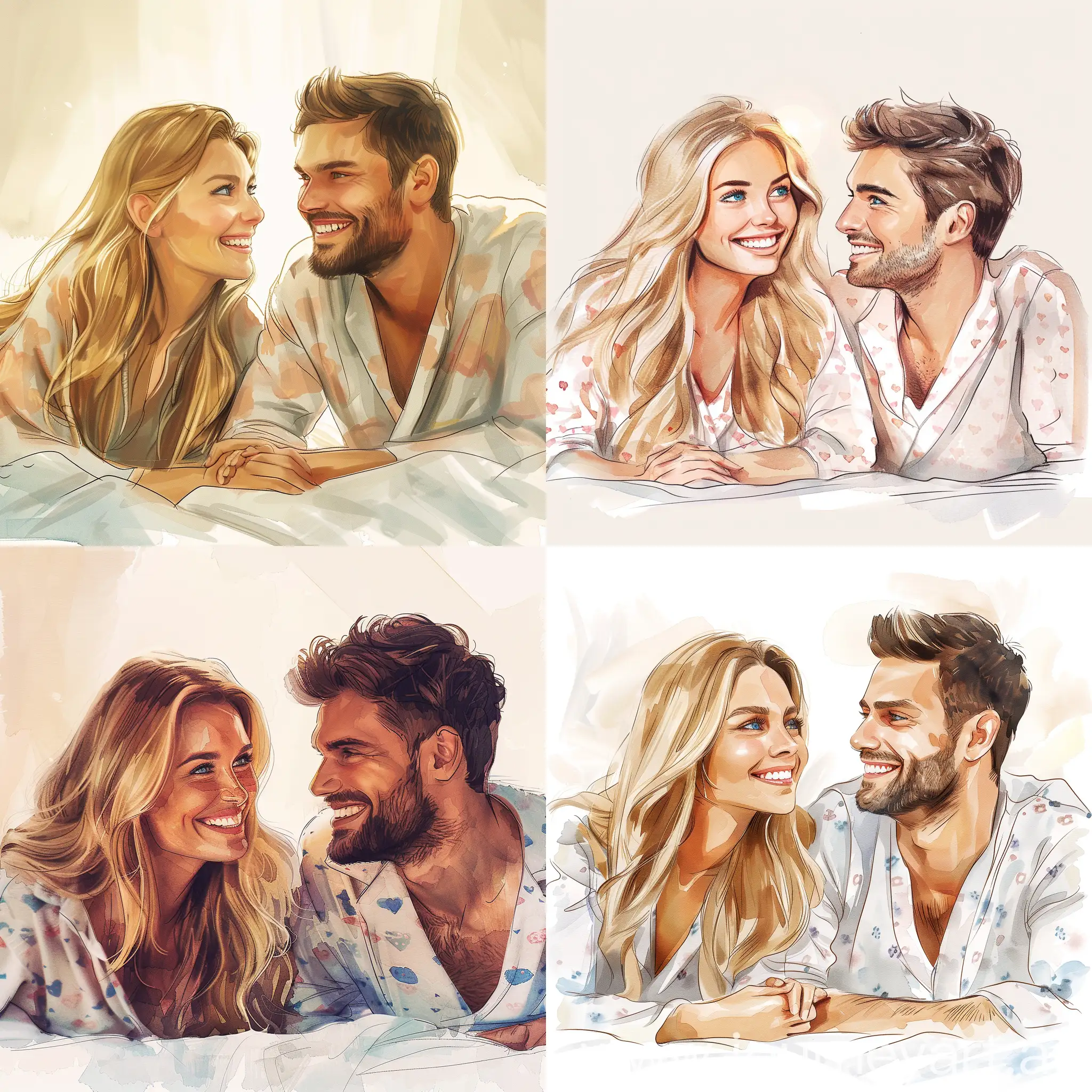 A cute woman and handsome man smile at each other, lying down on a bed, both are in pijamas. Woman has long blonde hair, blue eyes. Handsome Man has stubble, dark brown short hair, brown eyes. illustration for book, childrens book, smiling, watercolor clipart, full illustration, 4k, sharp focus, smooth soft skin, symmetrical, soft lighting.