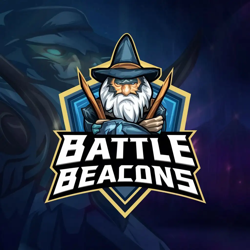 logo, wizard, with the text "Battle Beacons", typography