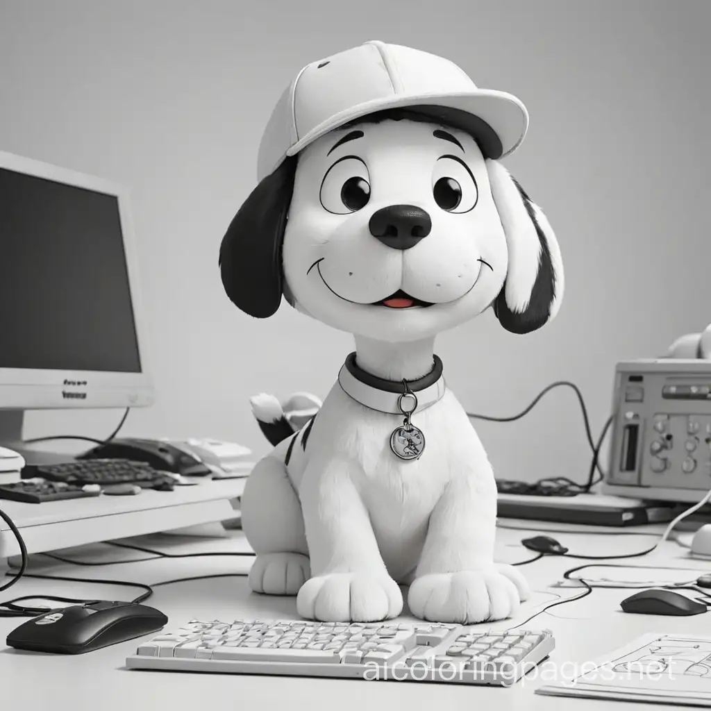 Snoopy as a computer technician, Coloring Page, black and white, line art, white background, Simplicity, Ample White Space. The background of the coloring page is plain white to make it easy for young children to color within the lines. The outlines of all the subjects are easy to distinguish, making it simple for kids to color without too much difficulty.