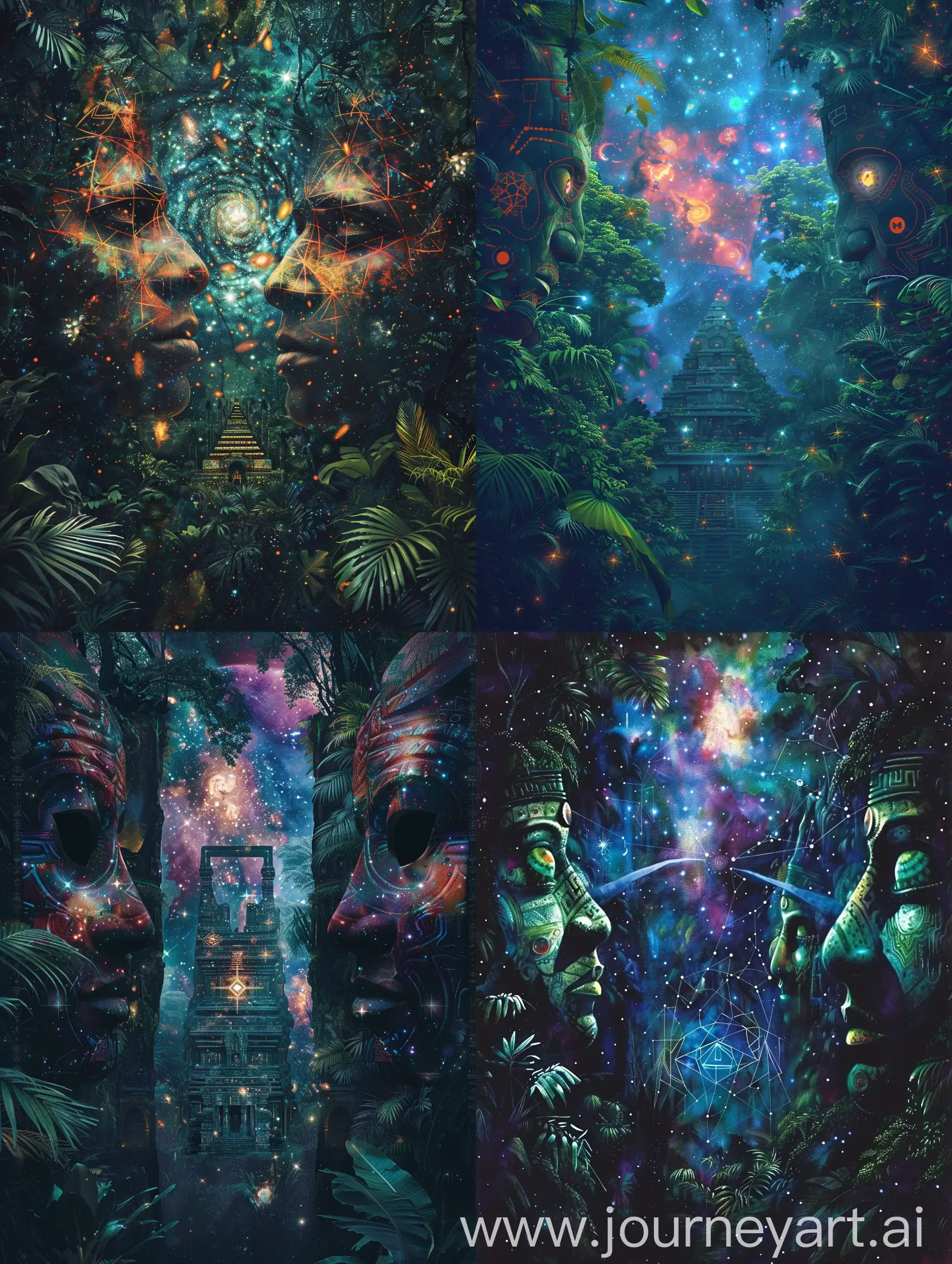 Dark forest jungle with tribal faces both sides ancient temple with galxy hols with stars & ritual yantra in geometric patterns , exploring an abstract universe filled with vibrant, nebulous formations, exuding a sense of joy