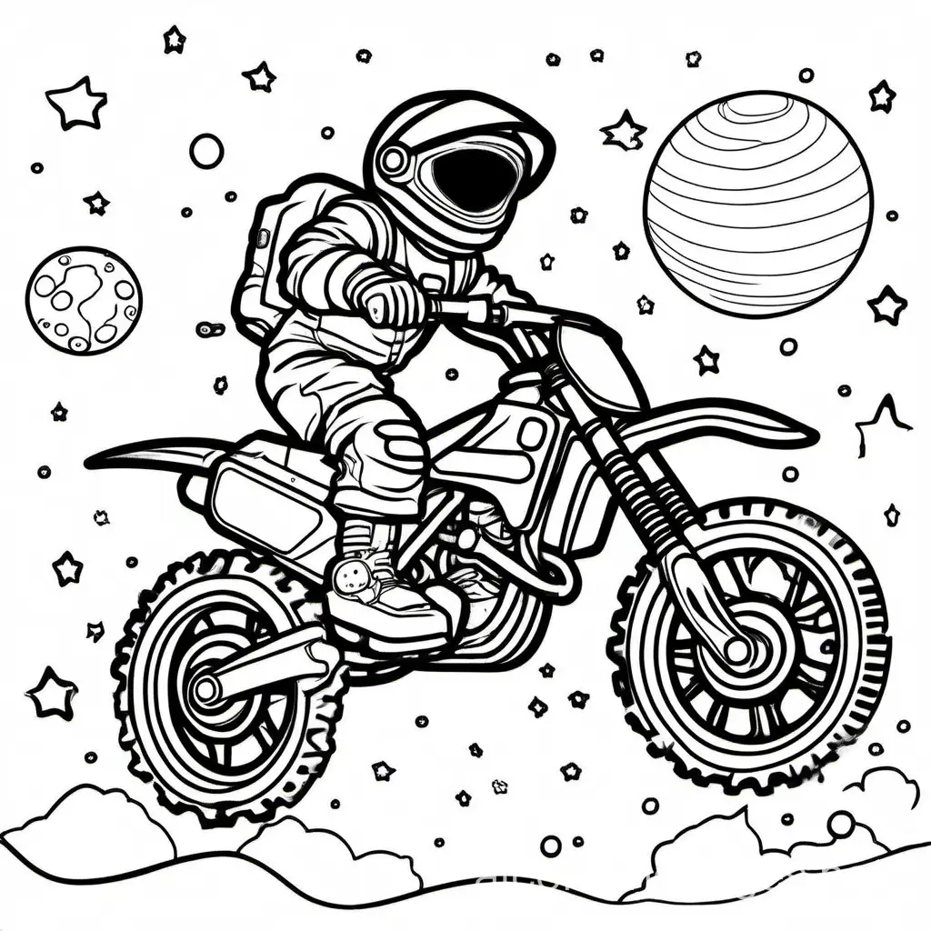 dirtybike in from space
, Coloring Page, black and white, line art, white background, Simplicity, Ample White Space. The background of the coloring page is plain white to make it easy for young children to color within the lines. The outlines of all the subjects are easy to distinguish, making it simple for kids to color without too much difficulty