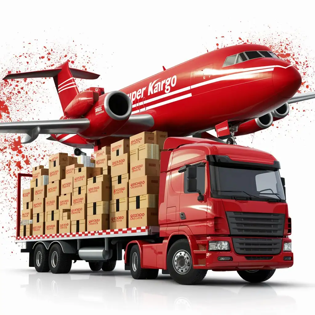 Red Logistics plane and truck CARRY BOXES WITH "SUPER KARGO" written on them