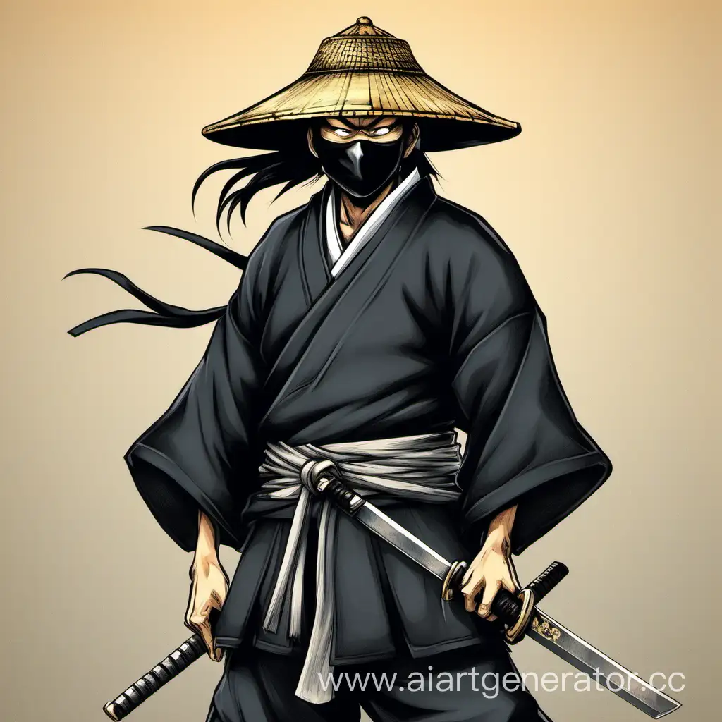 Tokugawa-Clan-Ninja-in-Straw-Hat-and-Mask-with-Wakizashi