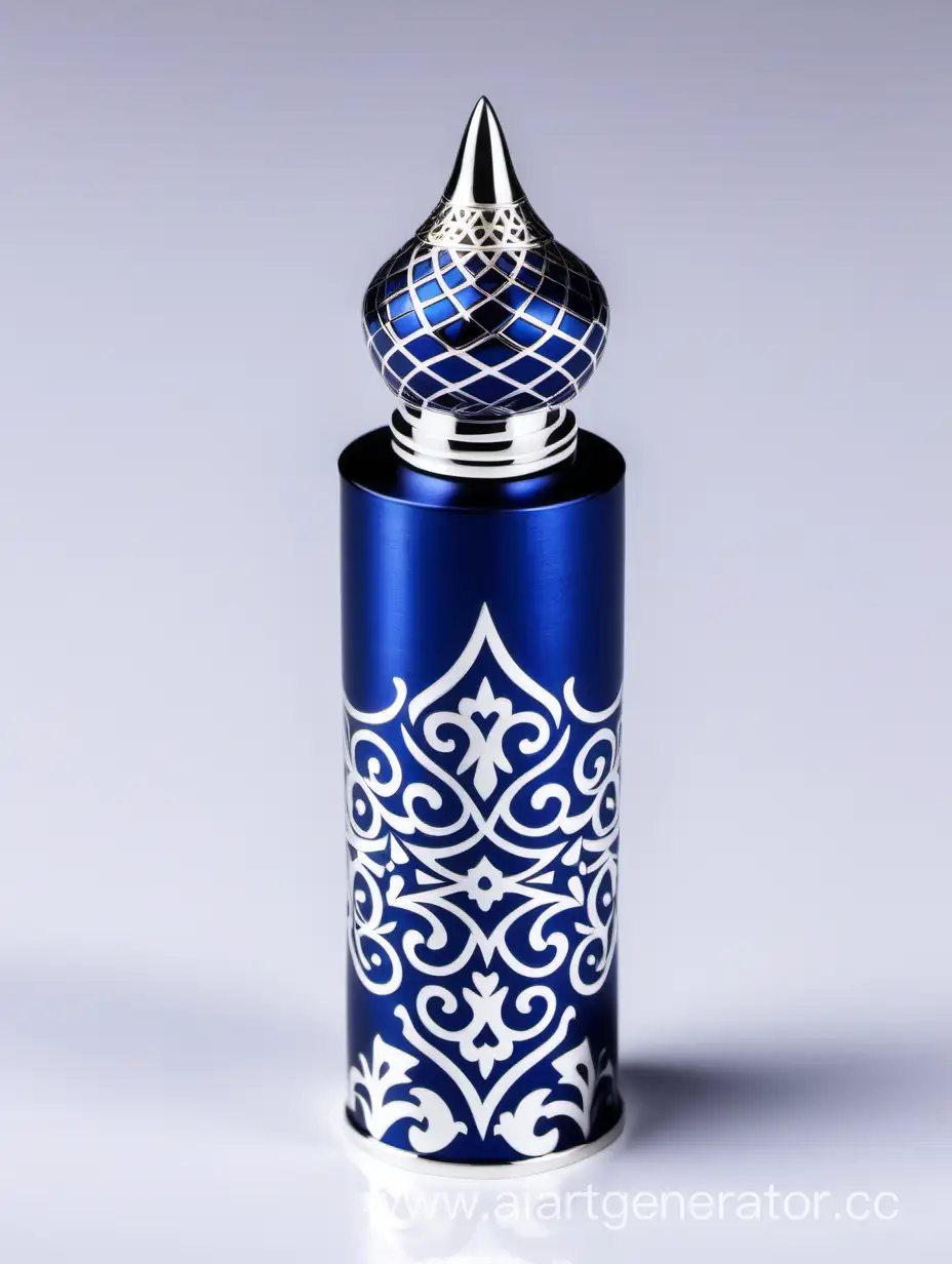 Luxurious-Zamac-Perfume-Bottle-with-Shiny-Dark-Blue-Ornamental-Cap-and-Matt-White-Arabesque-Pattern