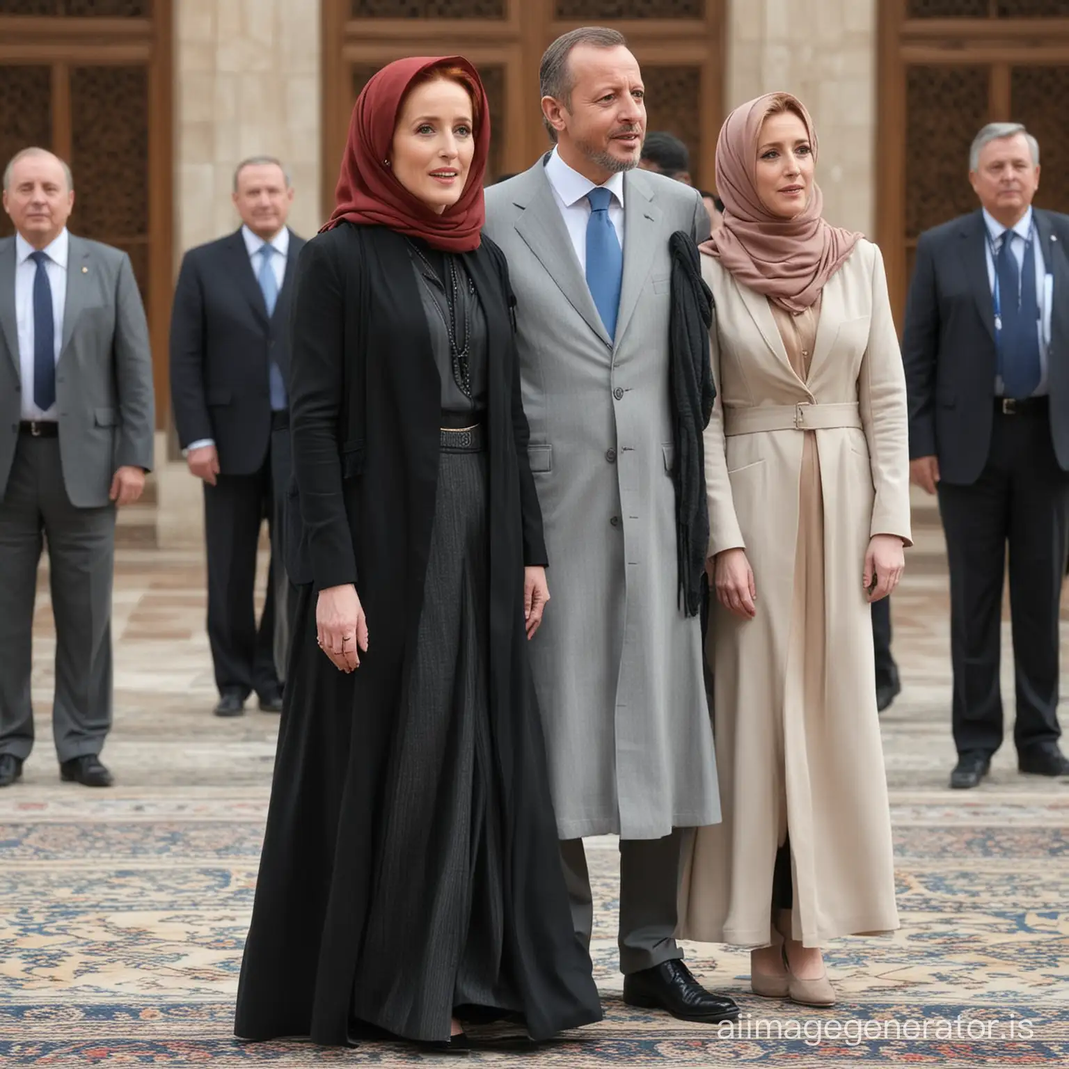 red haired Gillian Anderson in hijab with floor length skirt and long outer cardigan standing beside president Erdogan