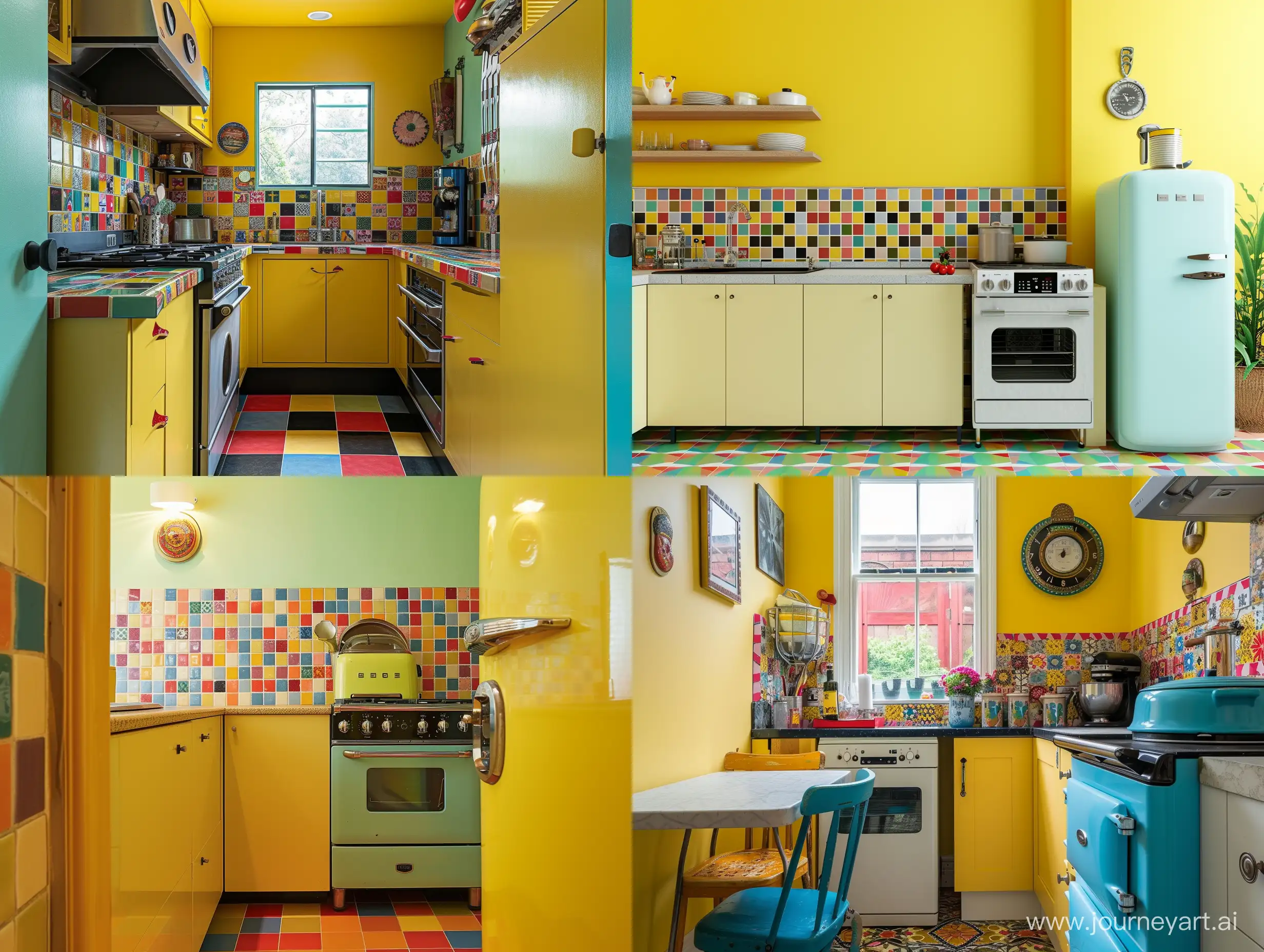 Cheerful kitchen with a retro-inspired design. The room features a colorful tiled blacksplash and vintage appliance. The walls are painted in a sunny yellow color.