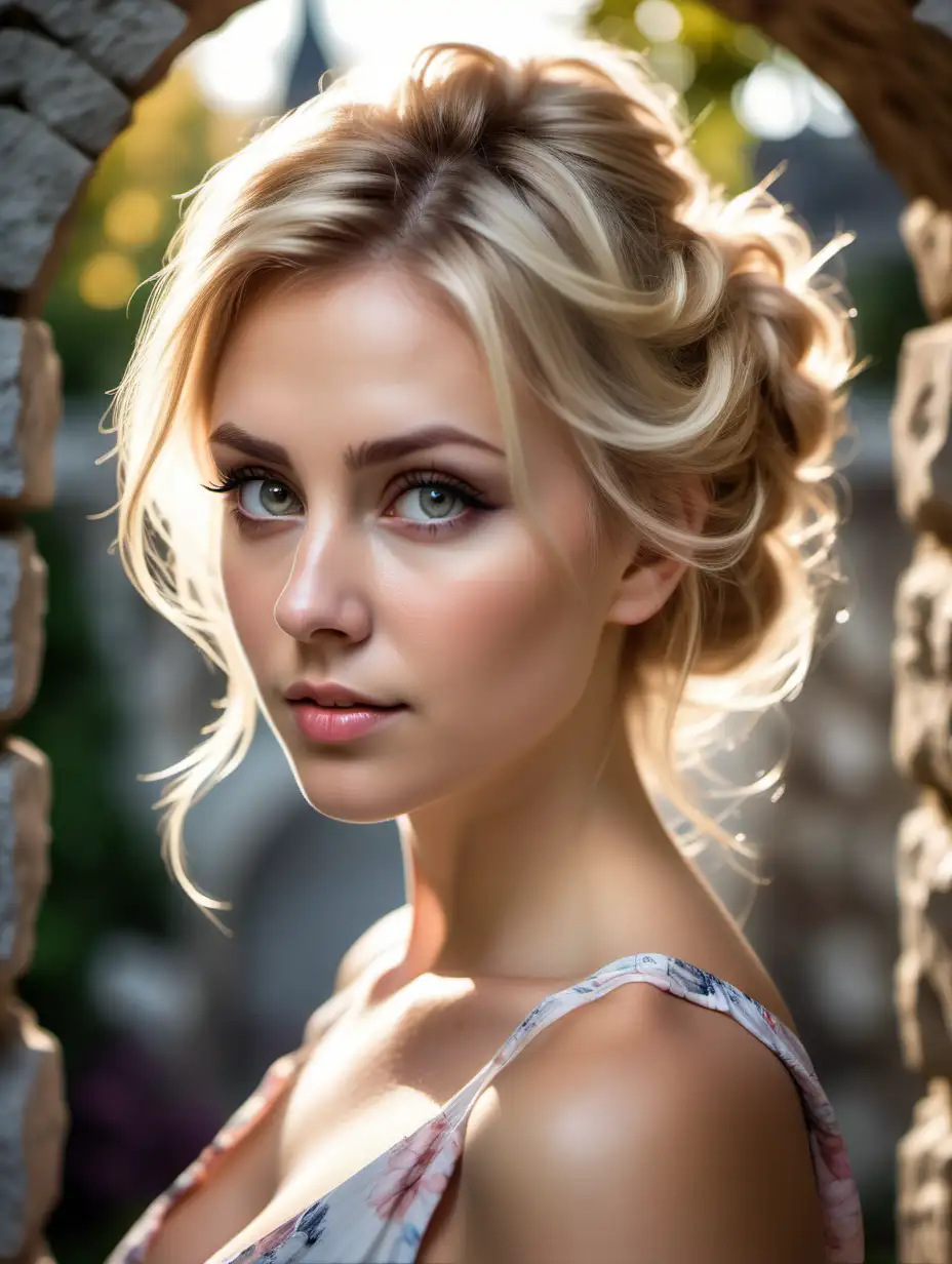 Beautiful Nordic woman, very attractive face, detailed eyes, big breasts, slim body, dark eye shadow, messy blonde hair in an updo, wearing a sundress, close up, bokeh background, soft light on face, rim lighting, facing away from camera, looking back over her shoulder, standing under a stone arch in a manicured garden, Illustration, very high detail, extra wide photo, full body photo, aerial photo