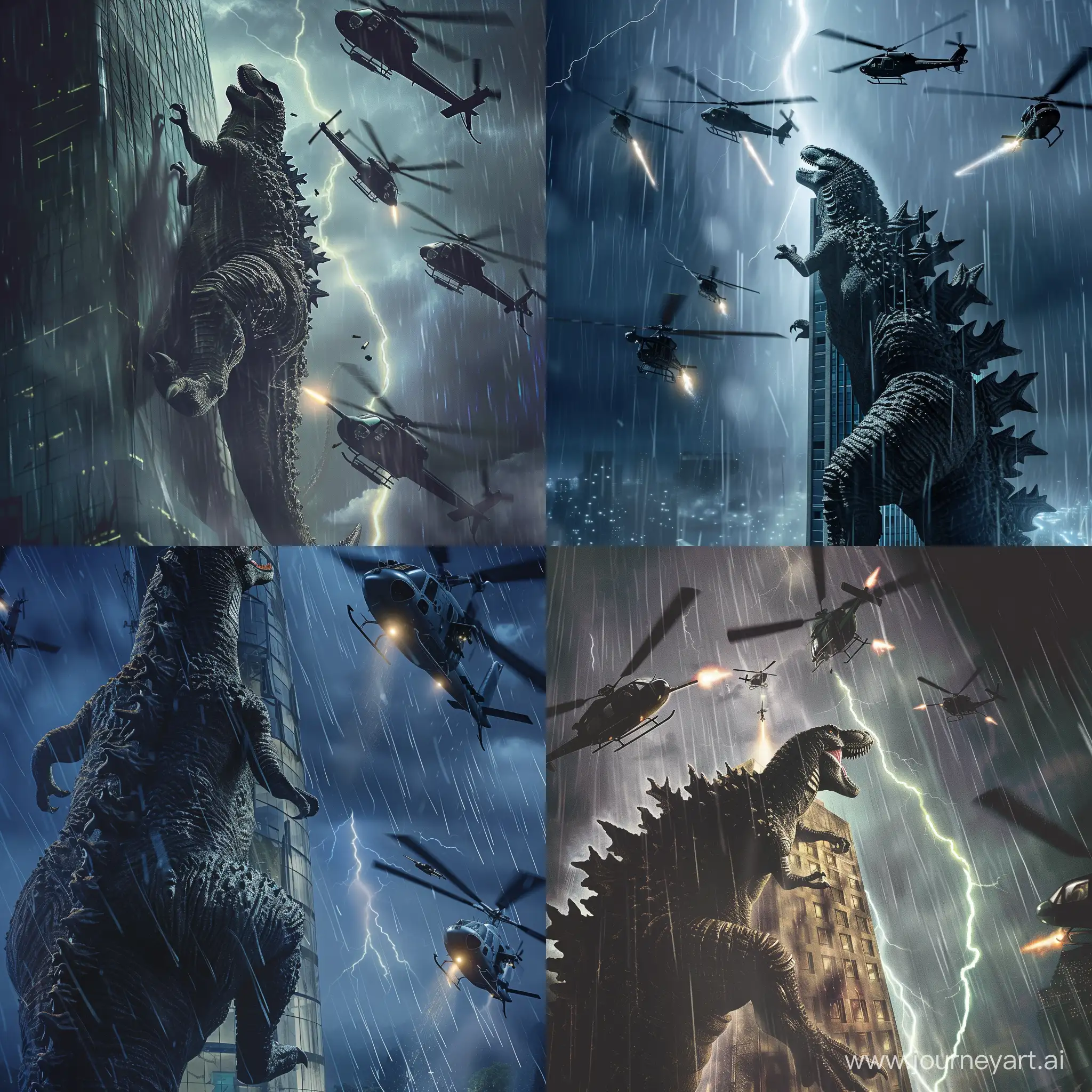 Godzillasaurus Rex climbing a tall building , night , rain, army helicopters buzzing around him shooting guns, lightning , cinematic