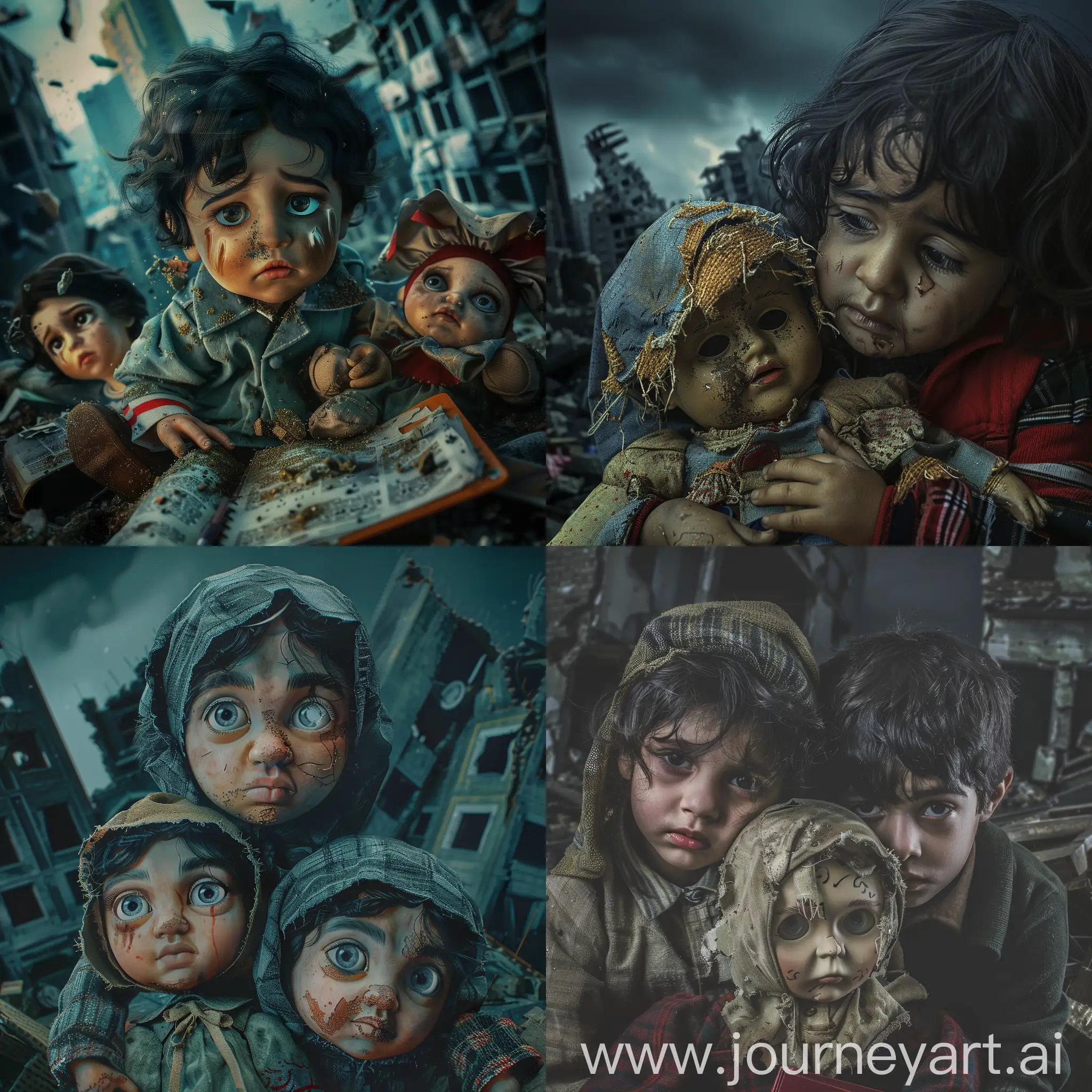 Sad-Arab-Children-with-Torn-Doll-in-a-Dark-Cityscape