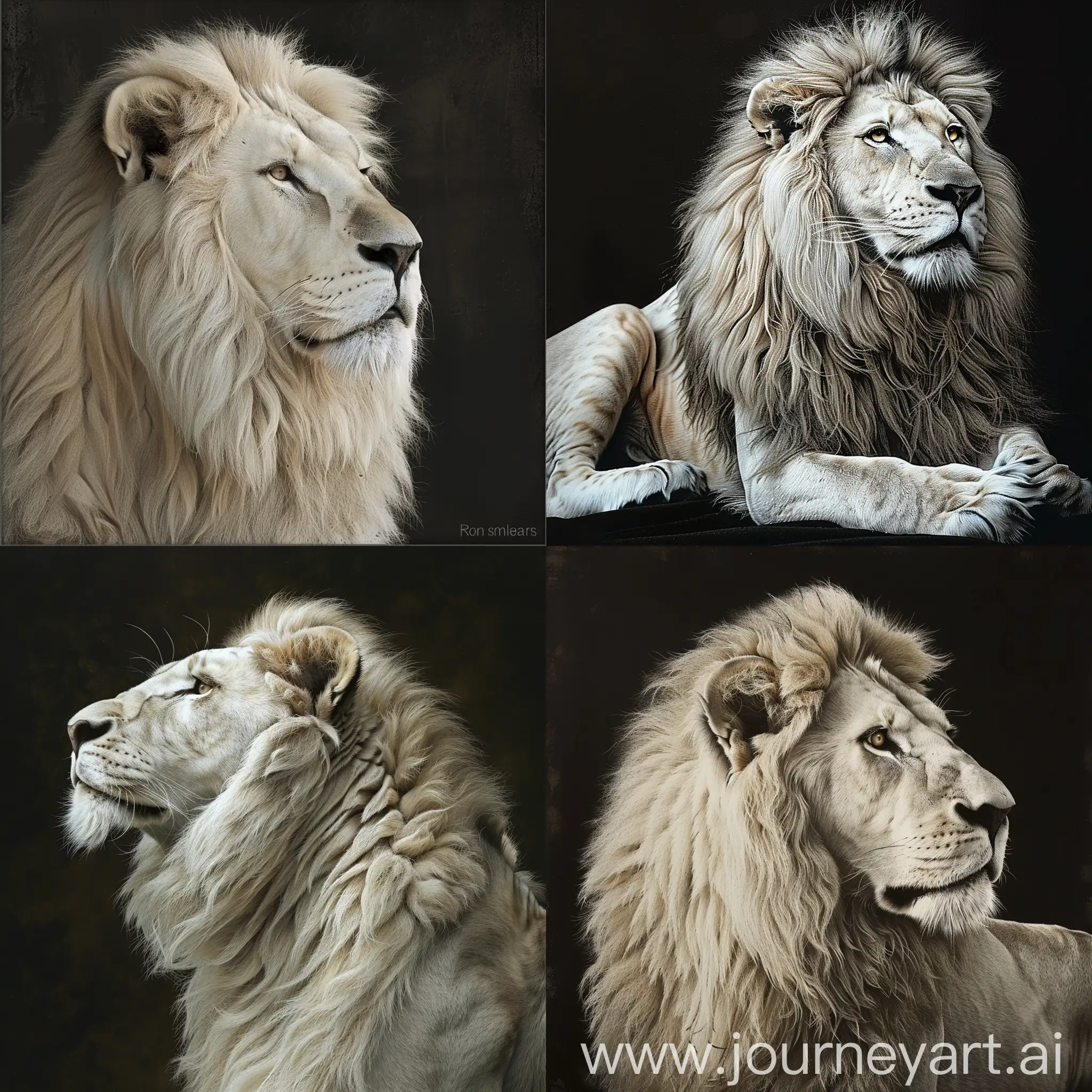 a photo of a white lion on a black background, in the style of airbrush art, nene thomas, detailed character illustrations, digitally enhanced, ron embleton, dark silver and dark beige, close up