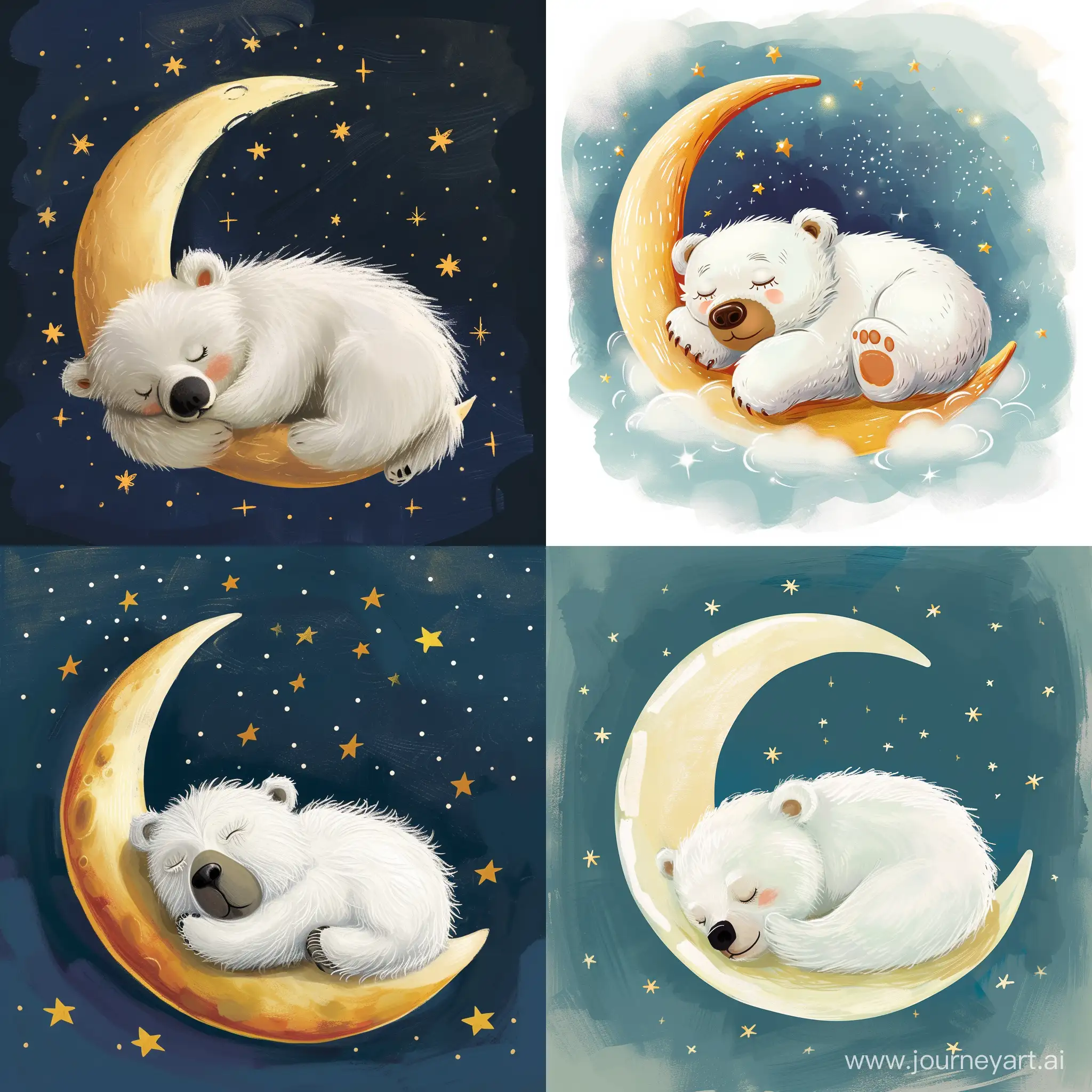 белый медвежонок с большой мордочкой спит на полумесяце, звёзды детская иллюстрация, сказочно