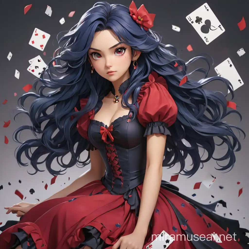 Elegant Anime Girl in Cherry Red Dress Surrounded by Falling Poker Cards