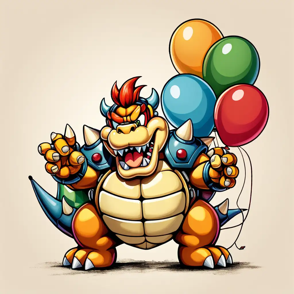 Retro Bowser Illustration with Colorful Balloons on Isolated Background