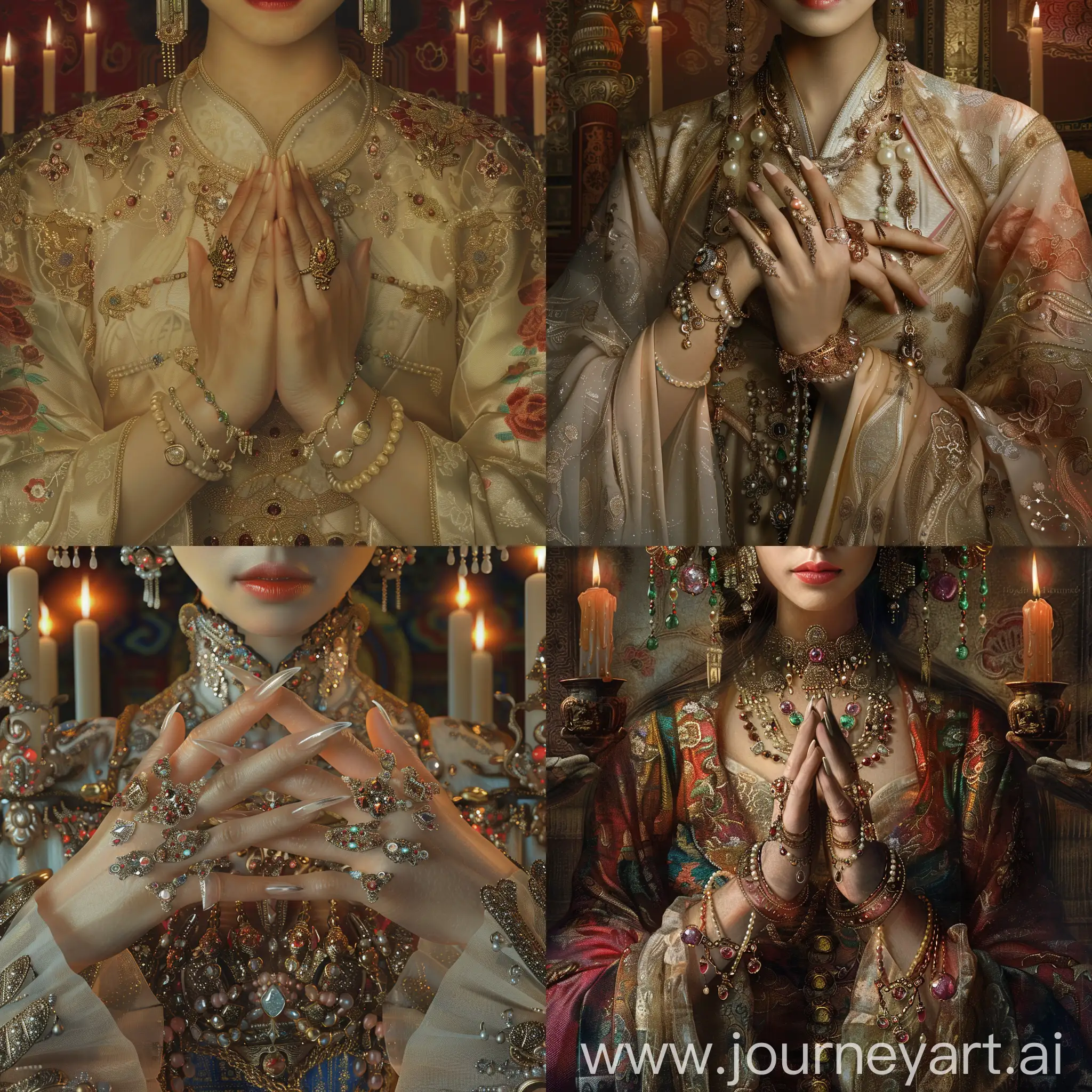 画一副中国女皇的图片，突出她的手，细腻白皙，佩戴着诸多珠宝，和长长的指甲套。  古代  细节丰富  烛光  全景图  旗袍 高清