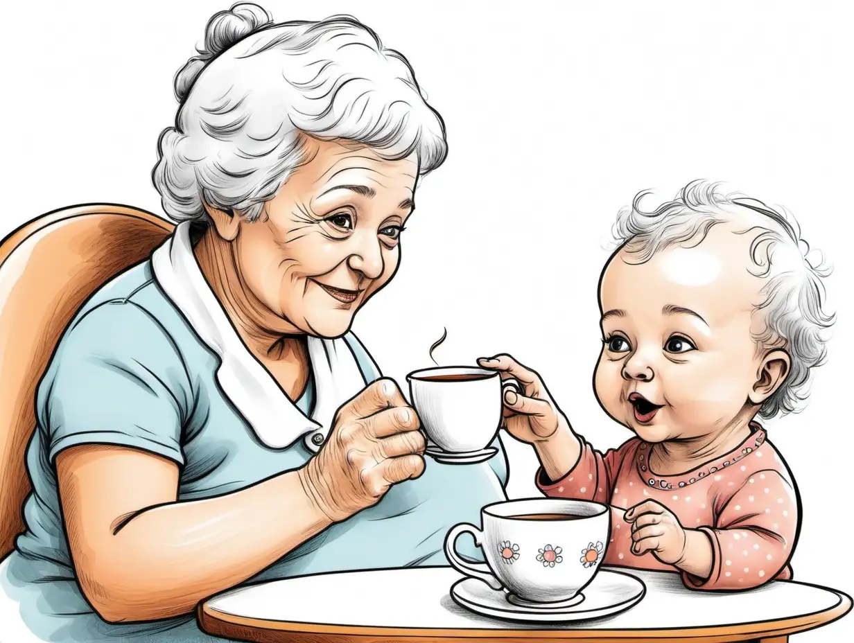 cartoon drawing of baby and granma having a cup of tea