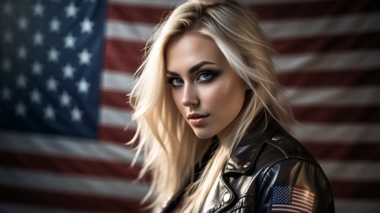 Attractive Nordic Woman in Leather Jacket Standing Before American Flag