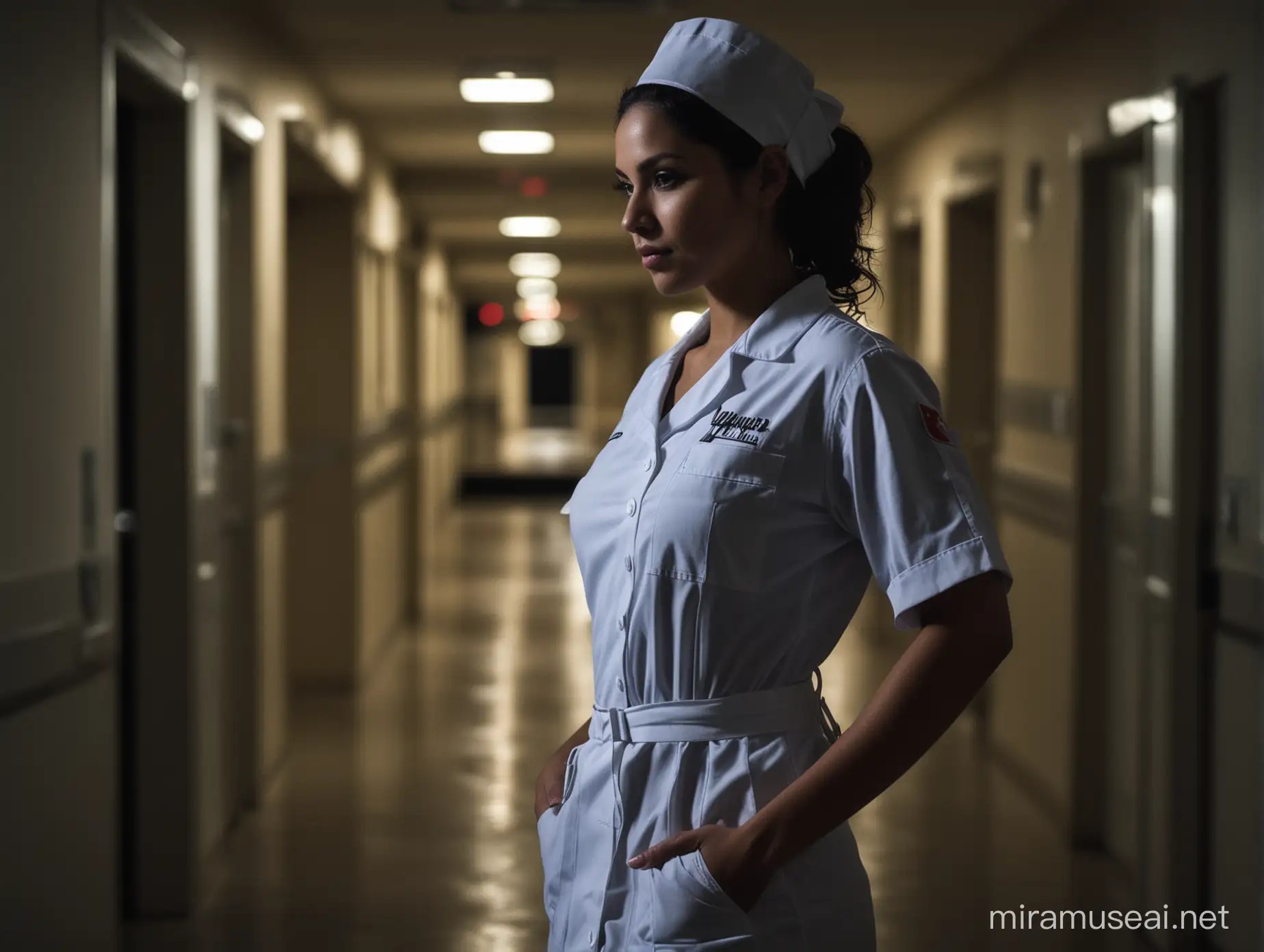 Latina Nurse in Vintage Uniform at Night