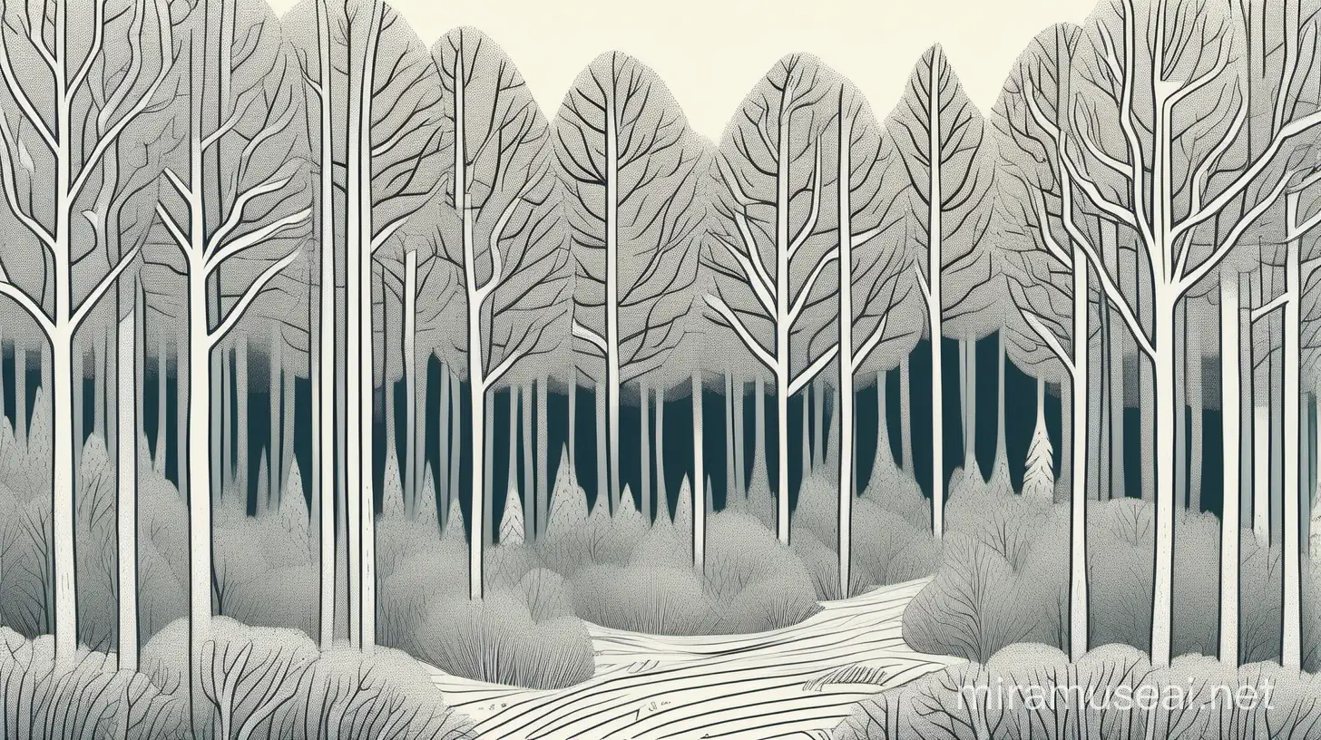 
Create a pattern, with a close up image of typical Finnish forest trees, in tove jansson drawing style, with hand drawn lines, and a lot of line work, and details in the trees. Please add a lot of empty space between the trees
