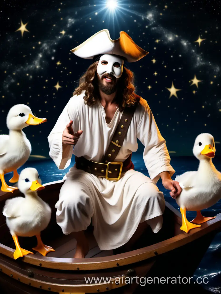 Realistic-Jesus-Teaching-Children-in-Duck-and-Pirate-Masks-on-a-Starry-Ship