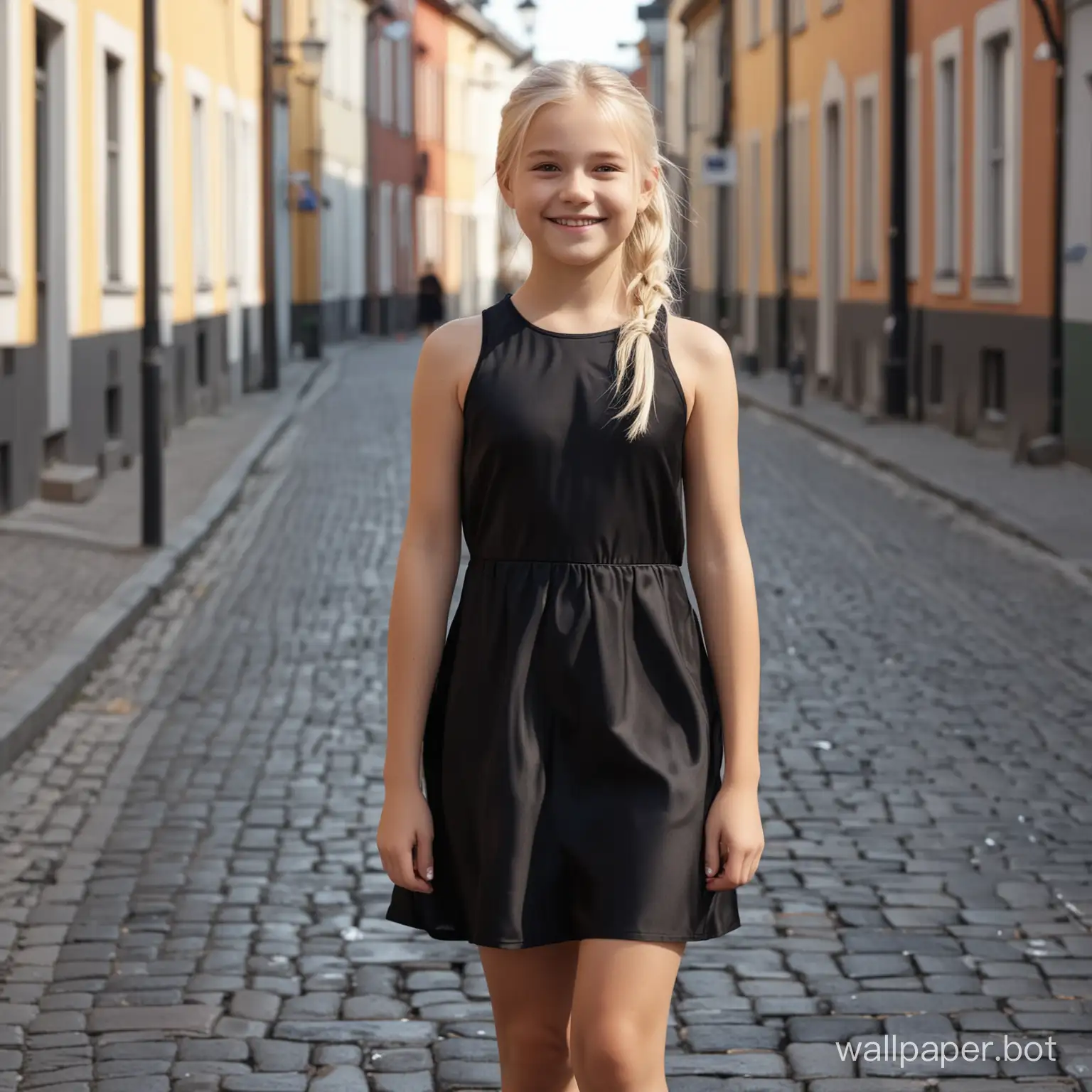 Photo realistic, beautiful sweden preteen girl 11 years old, platinum hair with ponytail, full-length, in a beautiful translucent black short dress, smiling, walk on a street, high detail, high definition, real video, 8k