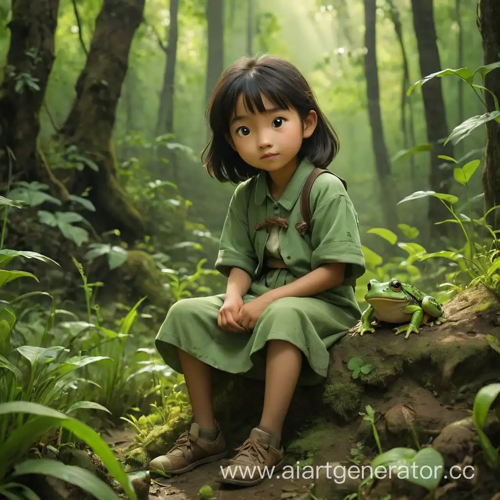 Chinese-Girl-Sitting-with-Old-Frog-on-Green-Hill-in-Dense-Forest
