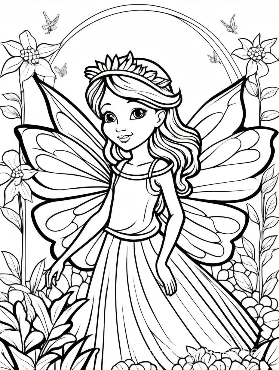 fairy for kids, Coloring Page, black and white, line art, white background, Simplicity, Ample White Space. The background of the coloring page is plain white to make it easy for young children to color within the lines. The outlines of all the subjects are easy to distinguish, making it simple for kids to color without too much difficulty