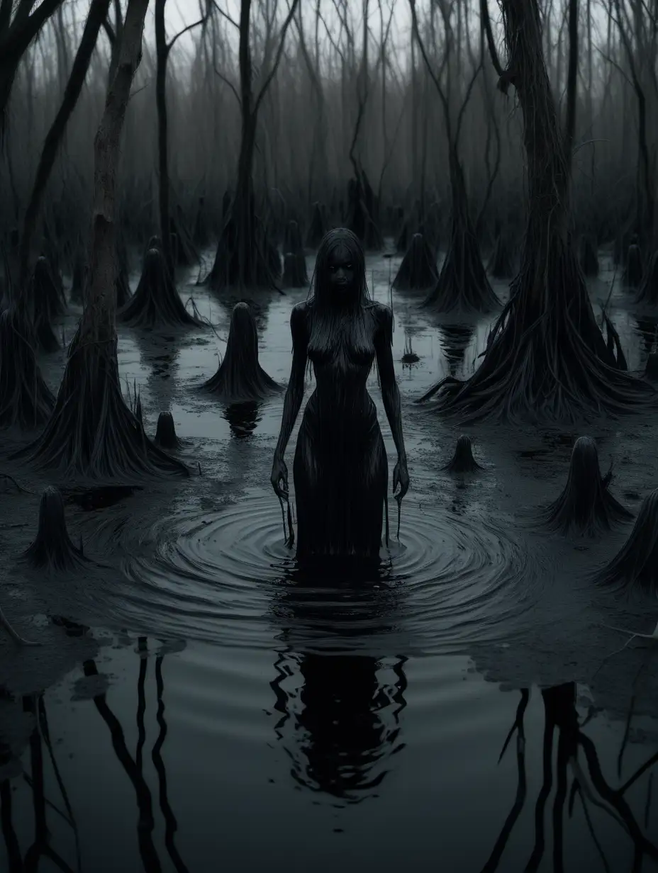 A dark female figure emerges from a black lake in the middle of a swamp