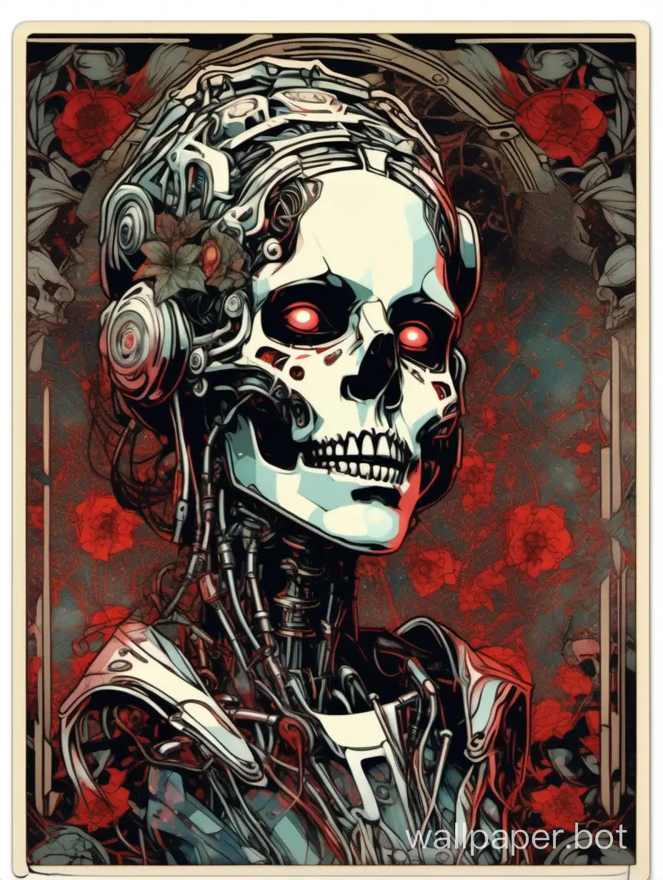 skull young robot, female Beautiful face, smoth laugh, deep face, darkness assimetrical, alphonse mucha hiperdetailed, william morris assymetrical  background, torn poster edge,  chromatic glitch color effect, black, white, red, gray, sticker art