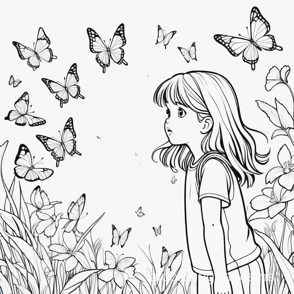 a girl watching flying butterflies, Coloring Page, black and white, line art, white background, Simplicity, Ample White Space. The background of the coloring page is plain white to make it easy for young children to color within the lines. The outlines of all the subjects are easy to distinguish, making it simple for kids to color without too much difficulty