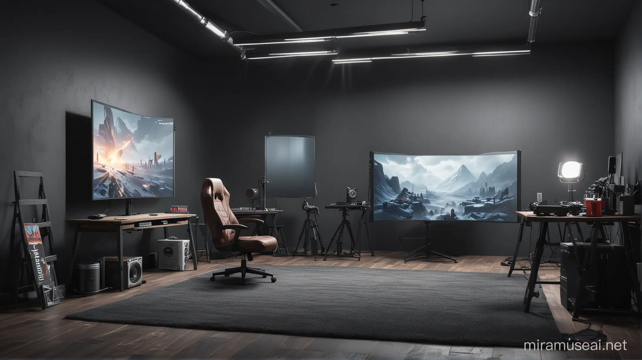 tạo một hình nền chân thực, khung cảnh phòng studio livestream chơi game của một game thủ. Phong cách minimalis, hiện đại, thoáng đãng, ánh sáng điện ảnh.