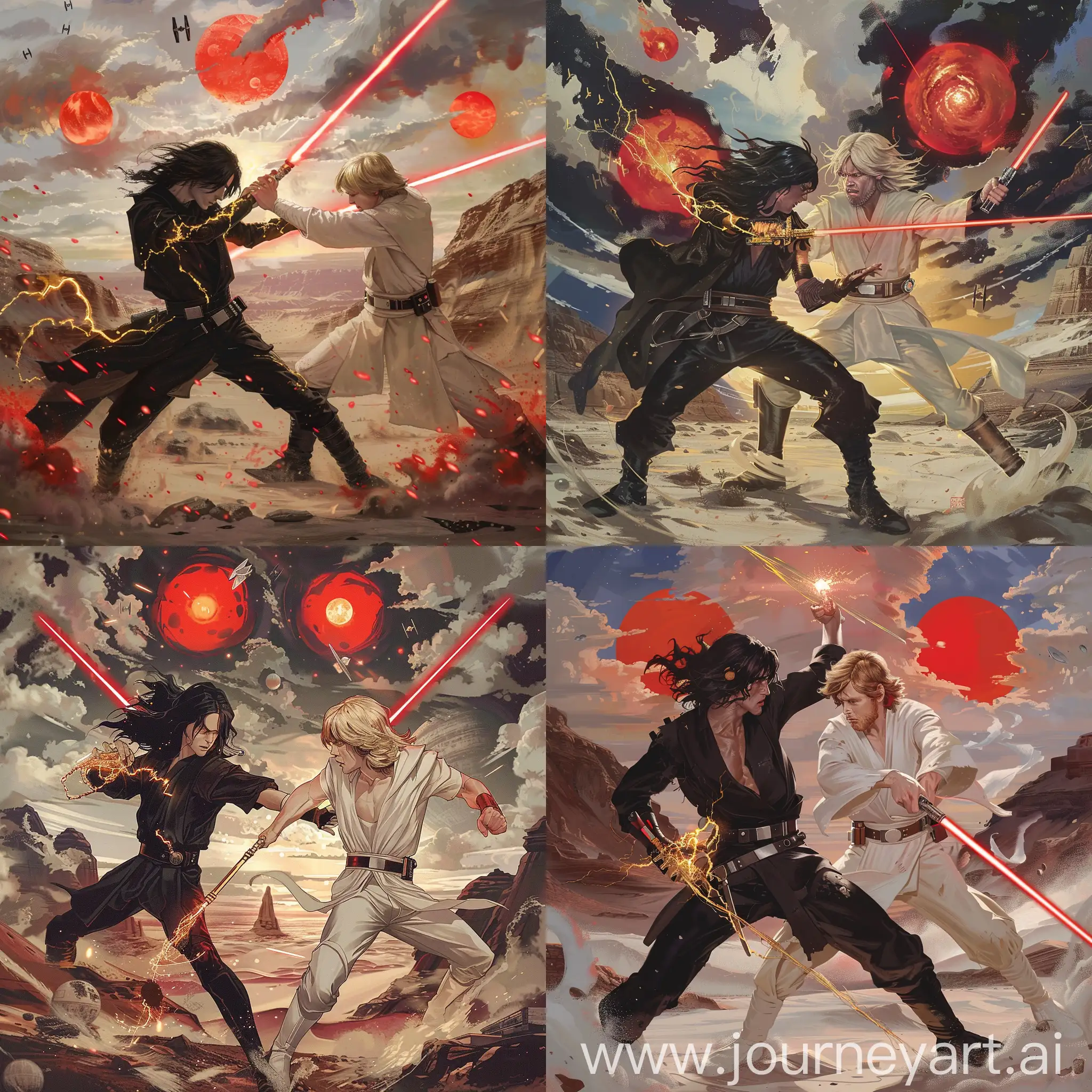 at the left side, here is a black mid-long hair Paul Atréides, he is in black clothes, he holds a golden electric blade,

at the right side, there is a blond mid-long hair Luke Skywalker, he is in white clothes, he holds a red laser sword,

these two characters fight against each other with their weapons,

three red suns in cloudy sky, desert planet and cyclones as background,