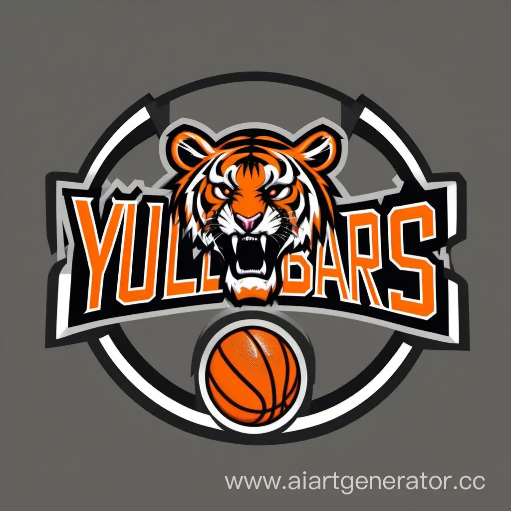логотип для баскетбольной команды ,оранжевые чёрные и белые тона, тиг перепрыгивает баскетбольное кольцо, .баскетбольное мяч ,форма, название ЮЛБАРЫС