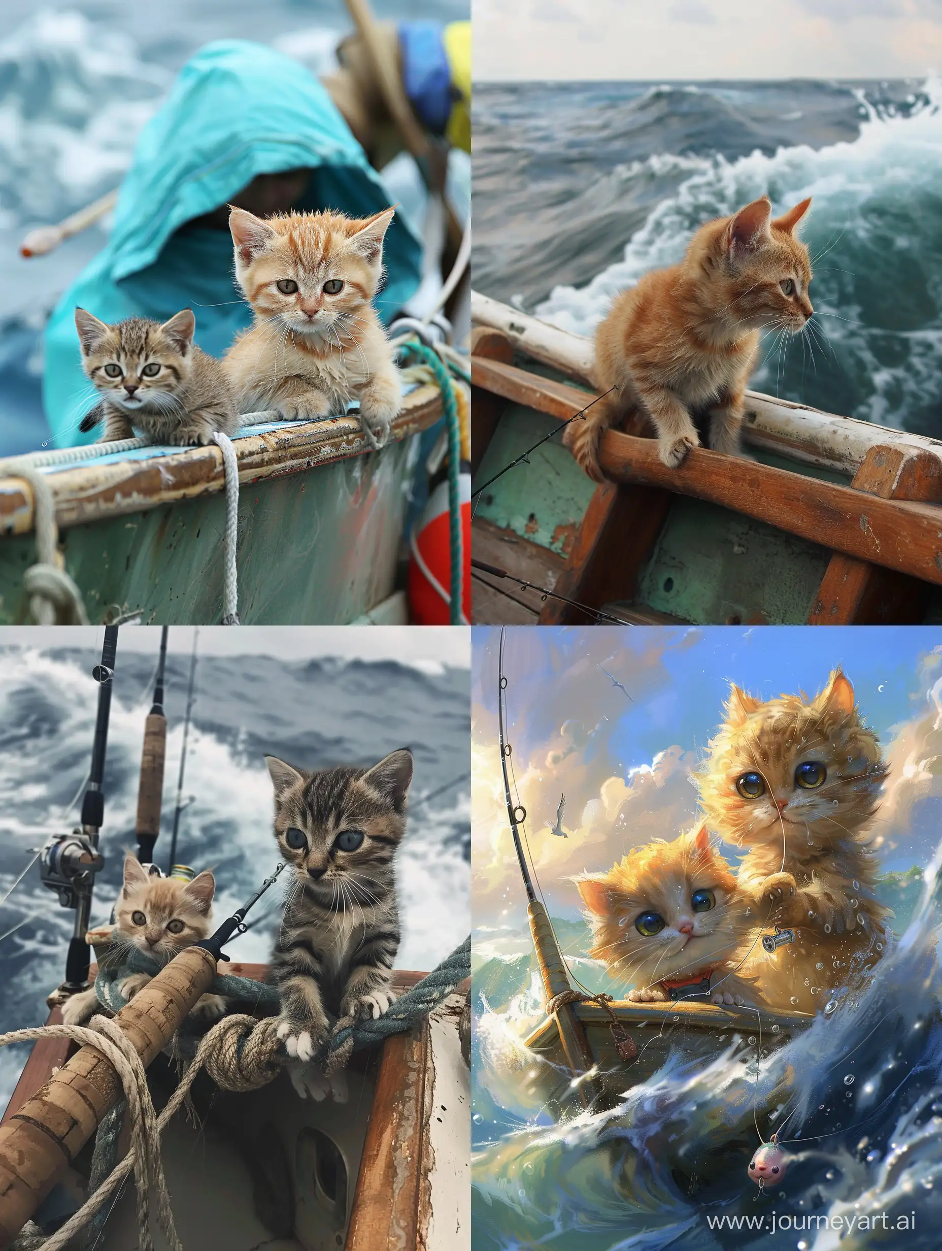小猫咪和它爸爸在汹涌的大海渔船上钓鱼