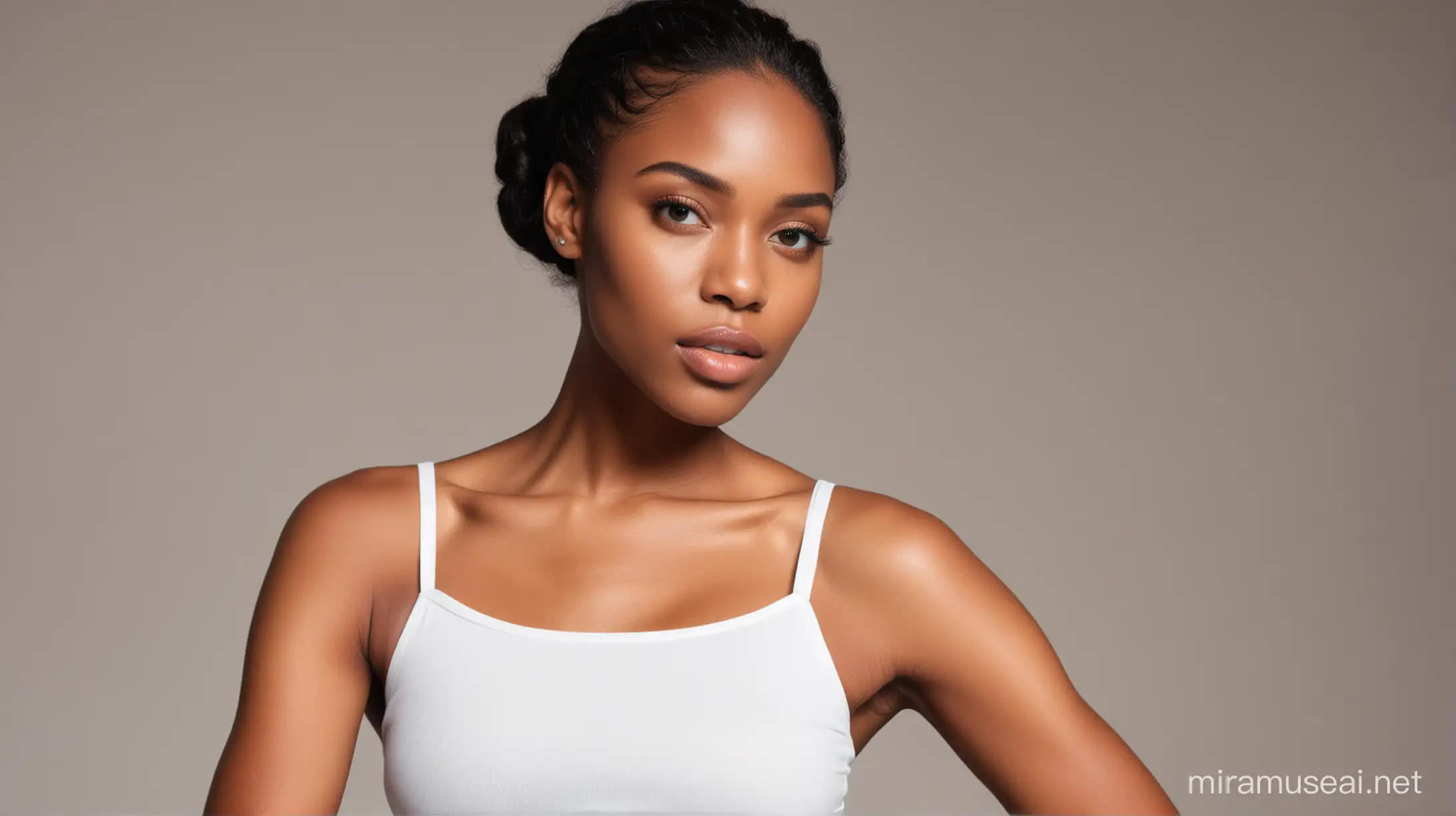 Stylish Black Woman Model in White Crop Top Poses Directly to Camera