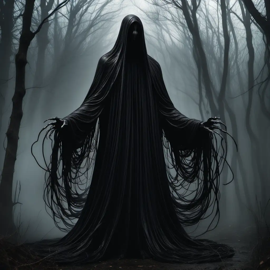 A floating wraith-like figure without a face and entirely covered in a dark cloak.  Black tendrils emerge from the figure