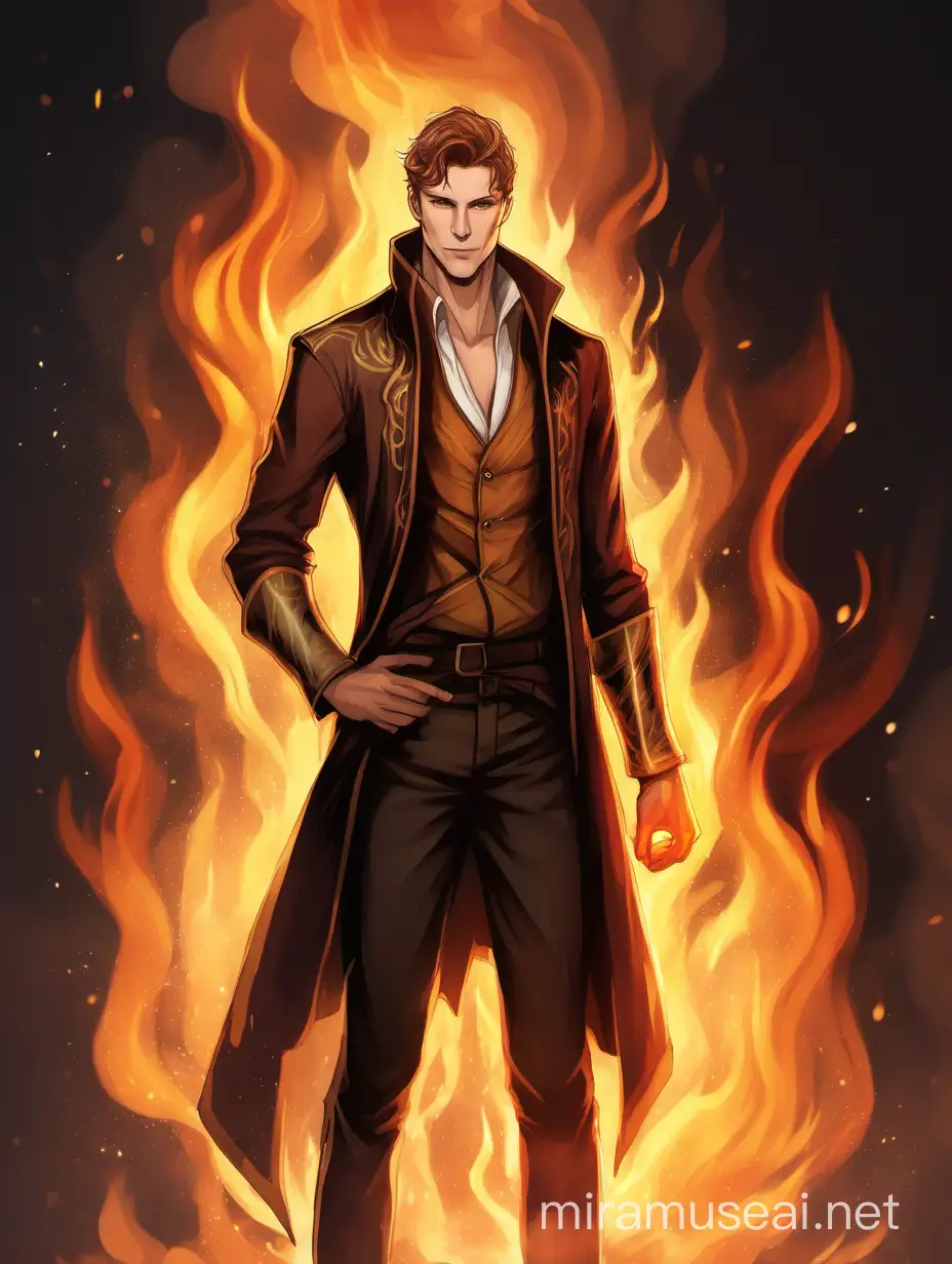 a handsome tall man with short light brown hair, stading in fire magic