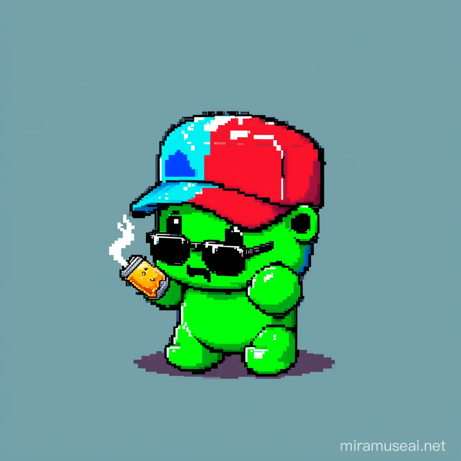 Funny and raandom colored 8 Bit solo gummy bear Mascot for Crypto Meme Token. Random accessories like cap or sunglasses or smoking joint