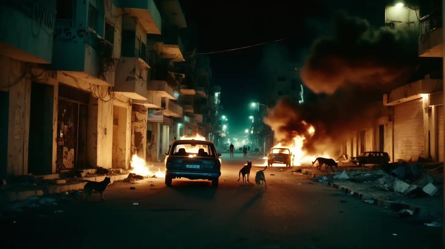 cinematic, deserted war torn Gaza streets at night, a car on fire burns as stray dogs inspect it, Hasselblad X1D, oscar winner film, intricate details, hyper-realistic, clean sharp focus, cinematic color grading, film grain, detailed --ar 16:9 --style raw