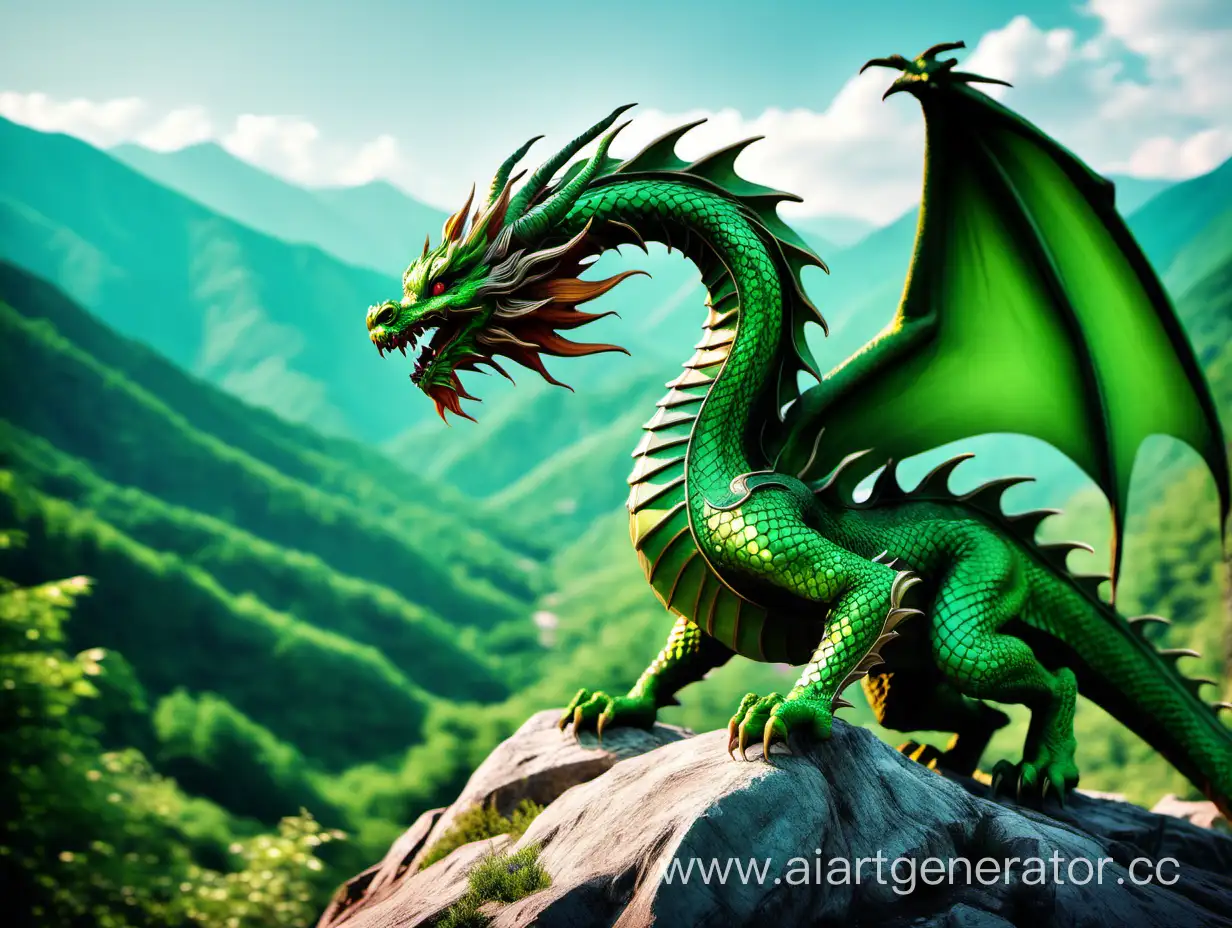 Зелёный красивый дракон в горах
