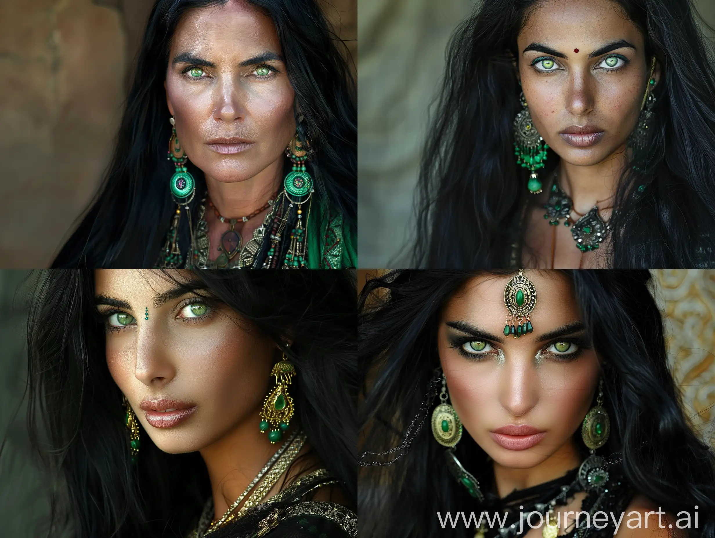 a woman, very long black hair, jewelry, green earrings, green eyes, photo