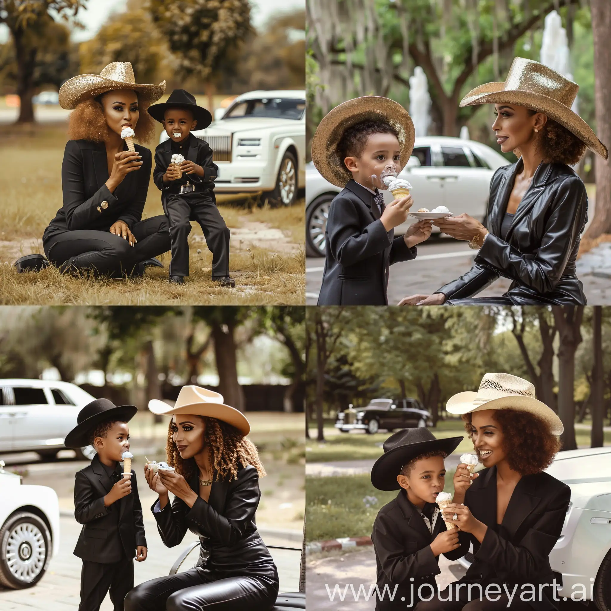 Generate the most realistic photo of Somali rich Mother with her 7 years old son eating ice-cream together at the park. Make sure its authentic summer daY, dress the kid black fit suit with a cowboy-hat. And make sure the mother has Rolls-Royce parking at the near park. Make sure its the coolest photo midjourney created.