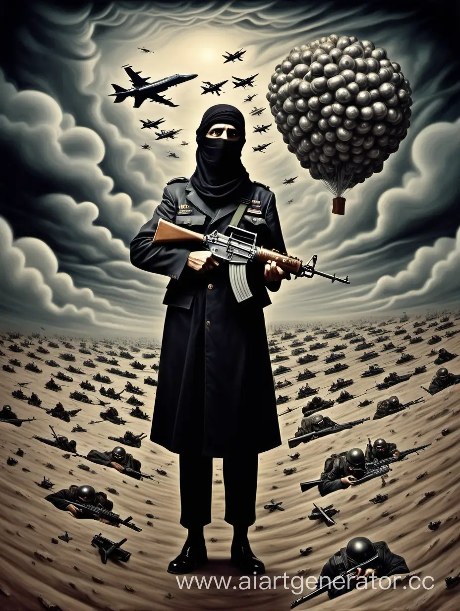 "террорист рамантизирует войну", сюрреализм.
