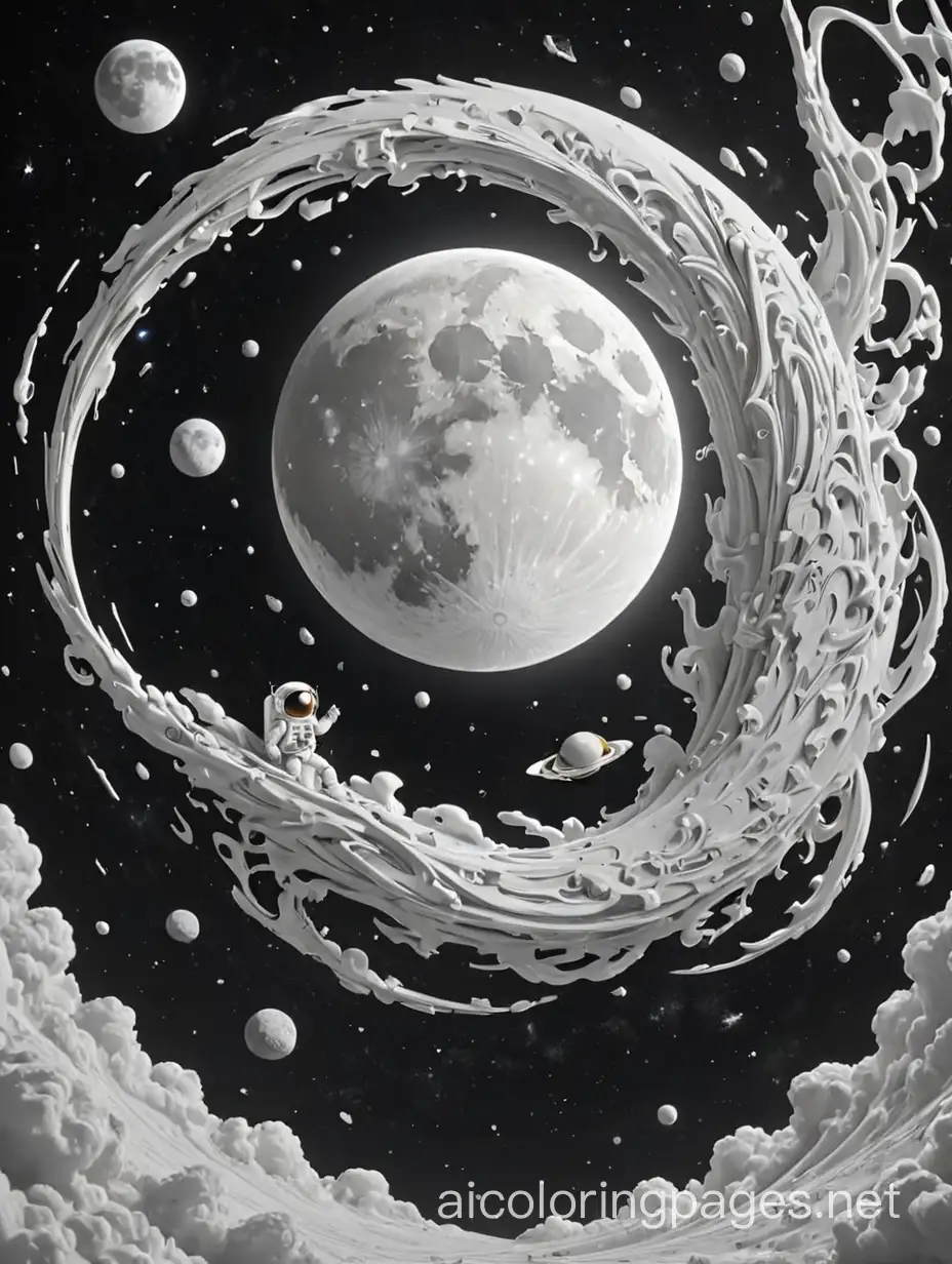 space scene with moon starts swirly bits with the words "out of this world", Coloring Page, black and white, line art, white background, Simplicity, Ample White Space. The background of the coloring page is plain white to make it easy for young children to color within the lines. The outlines of all the subjects are easy to distinguish, making it simple for kids to color without too much difficulty