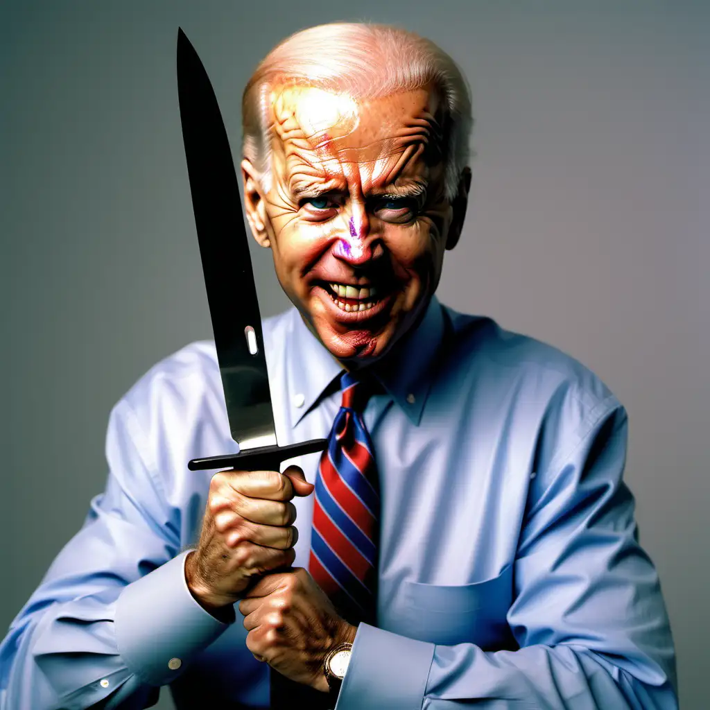 Create a picture of Joe Biden looking like an angry Chucky and holding a knife. Make it Kodak ultra 400 quality.