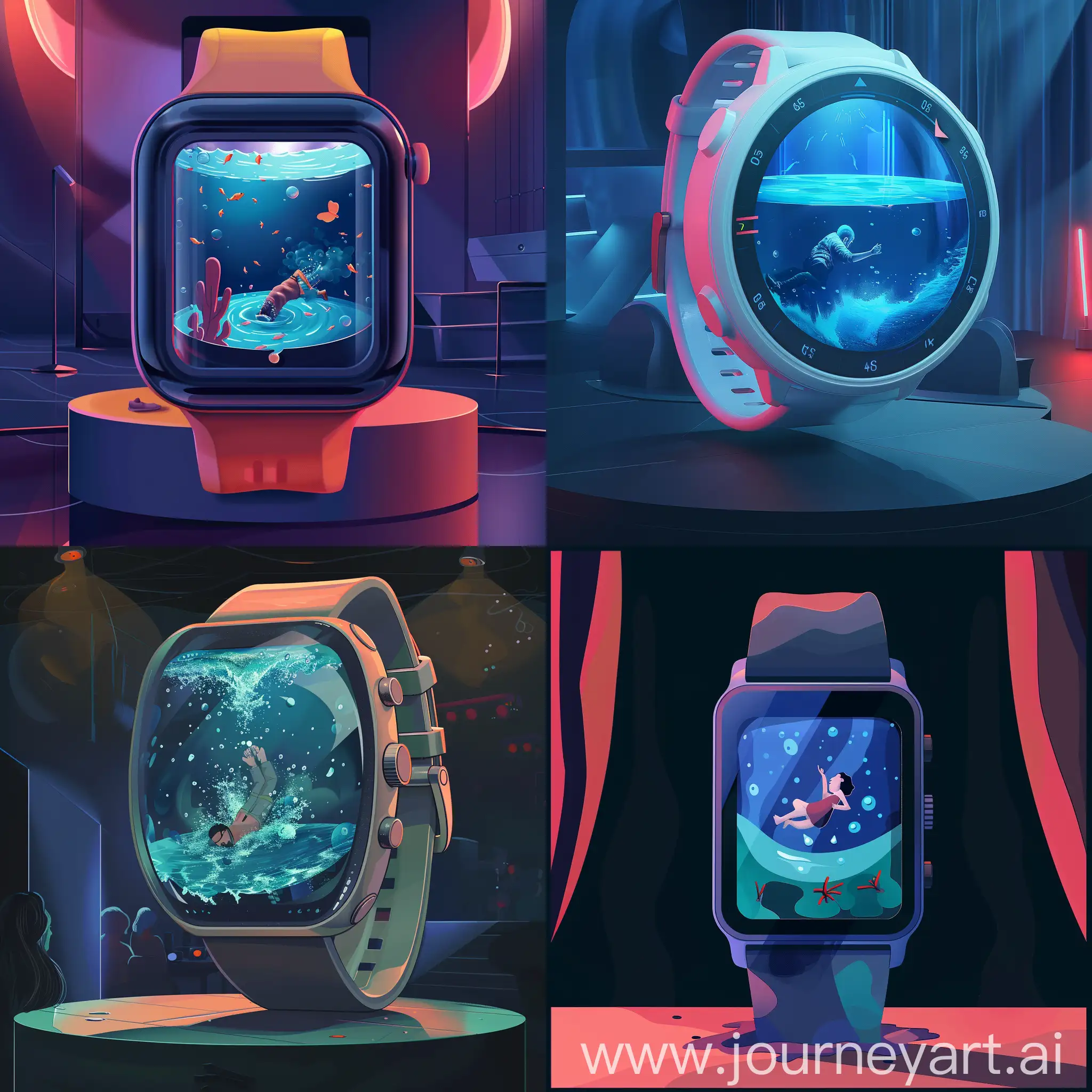 A smart watch with a sea inside its screen, and inside the sea a person is drowning, and the entire watch is placed on a stage, and I want the background to be simple so that we can use it in the design.