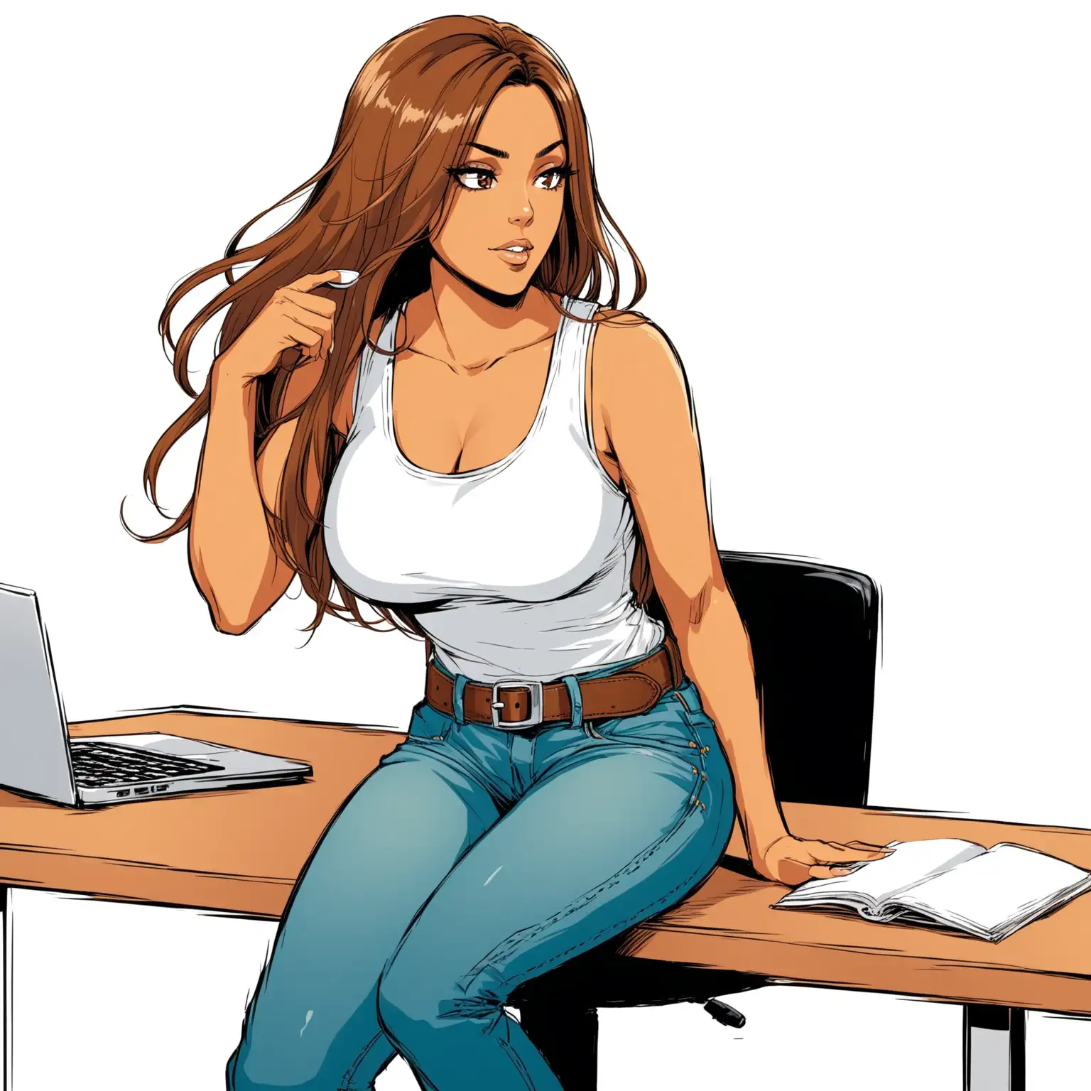 dans un style bande dessinée :
sur un fond blanc.
une femme au trait de amel bent.
porte un jean.
porte un débardeur blanc.
porte une ceinture marron.
assisse derrière son bureau pour lire ses mail.
sur le bureau est poser un café.
sur un fond blanc.