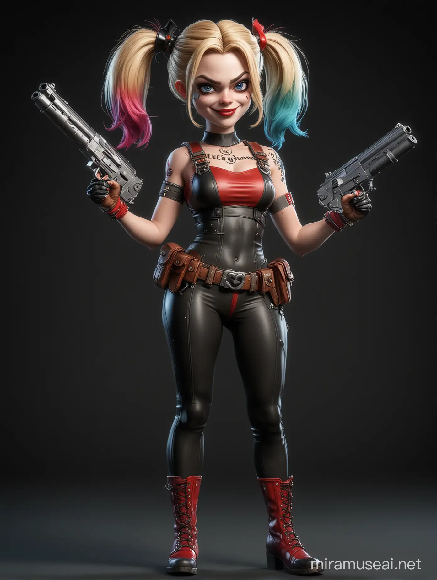 make a 3d animation caricature cartoon photo. Full body of cute
Harley Quinn holding 2 guns in both hands, black background, high contrast

